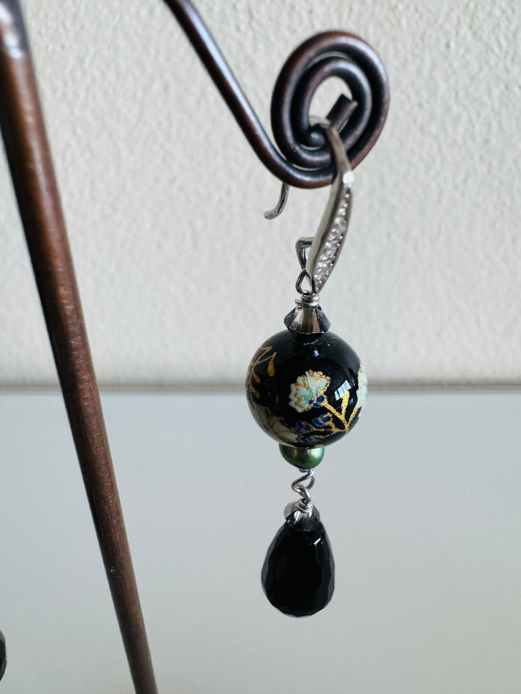 Japanese Tensha Bead & Onyx Earrings, Sterling Silver Freshwater Black Pearl Dangle Earrings, Swarovski Crystal, Handmade Australia