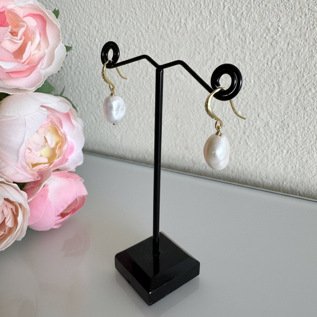 Sterling silver gold plated freshwater baroque pearl earrings with cubic zirconia melees