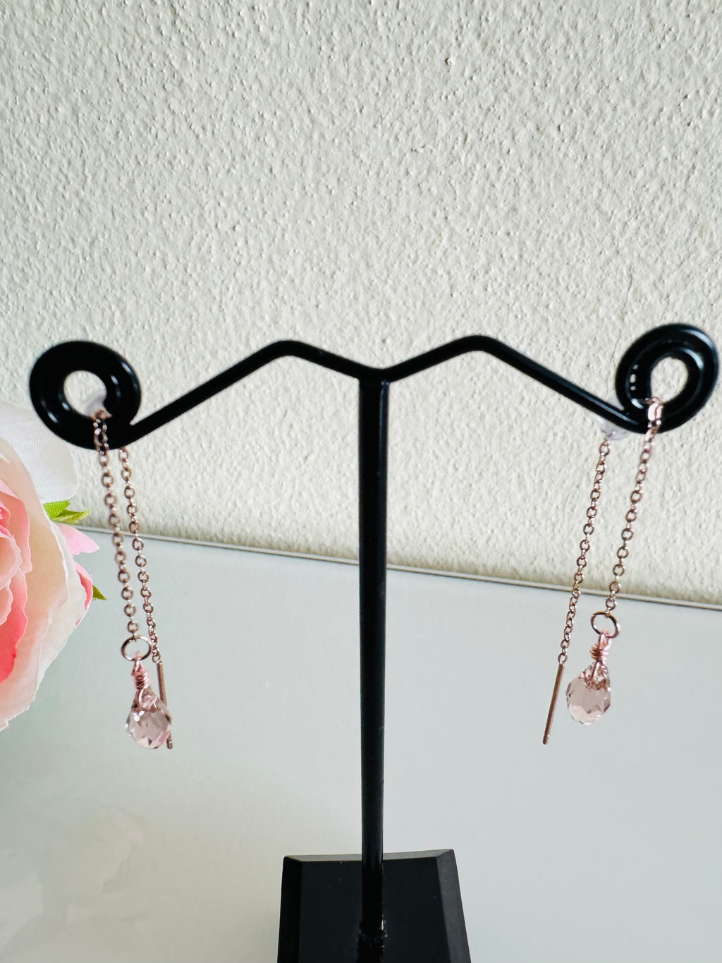 Swarovski Crystal Drop Earrings, Surgical Stainless Rose Gold Dangle Chain Earrings, Handmade Australian Jewellery, Rosegold pink Colour
