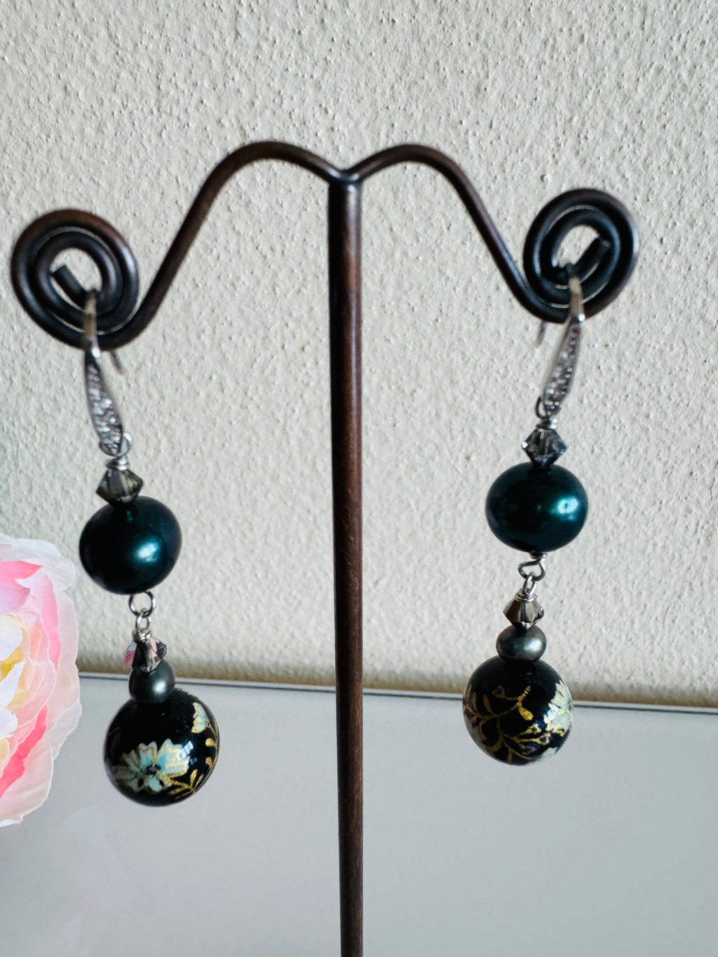 Japanese Tensha Bead Earrings, Sterling Silver Freshwater Black Pearl Dangle Earrings, Swarovski Crystal, Handmade Floral Drop Jewellery