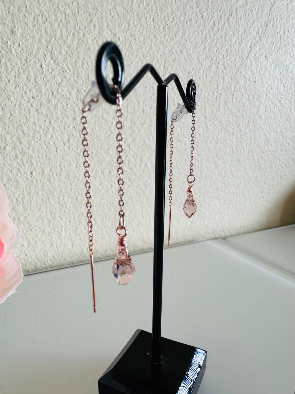 Swarovski Crystal Drop Earrings, Surgical Stainless Rose Gold Dangle Chain Earrings, Handmade Australian Jewellery, Rosegold pink Colour