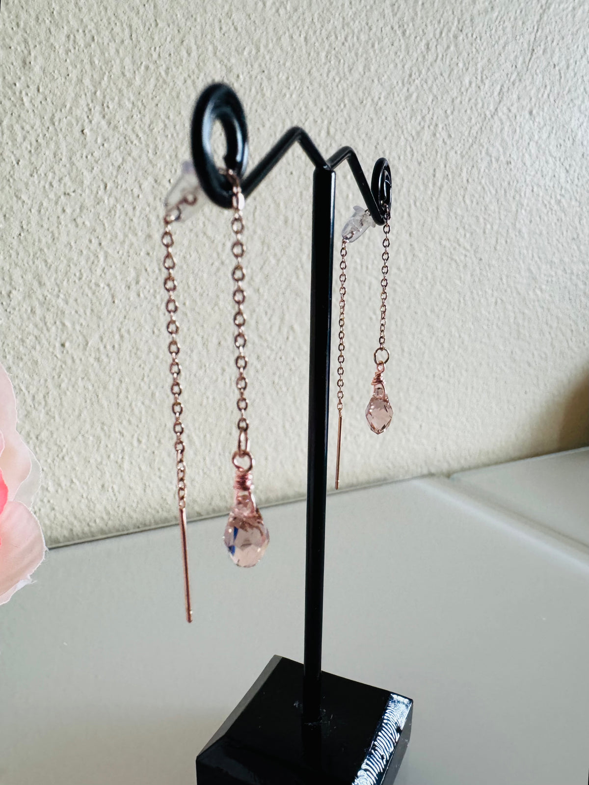 Swarovski Crystal Drop Earrings, Surgical Stainless Rose Gold Dangle Chain Earrings, Handmade Australian Jewellery, Rosegold pink Colour