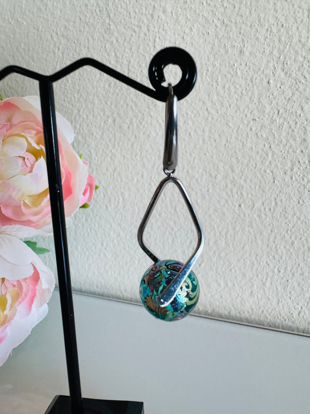 Japanese Tensha Beads Earrings - Aqua Floral Wave | Stainless Steel Hooks