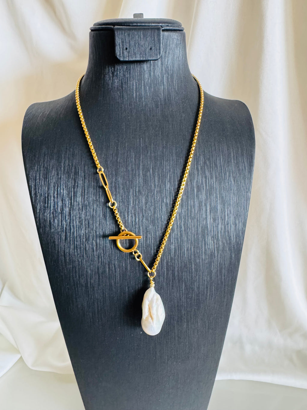 Handmade Baroque Pearl Toggle Necklace, Gold Stainless Steel Chain, Statement Jewellery