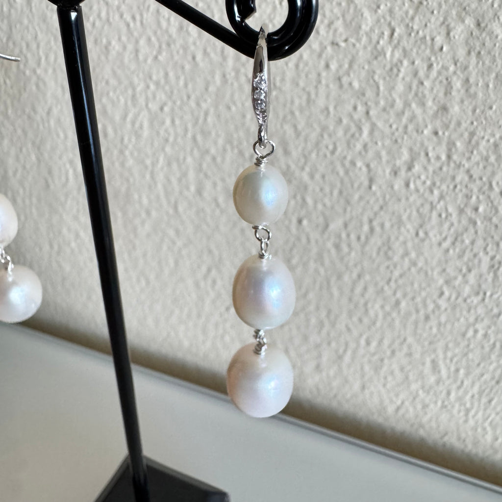 Sterling silver freshwater pearl trilogy earrings with cubic zirconia melees