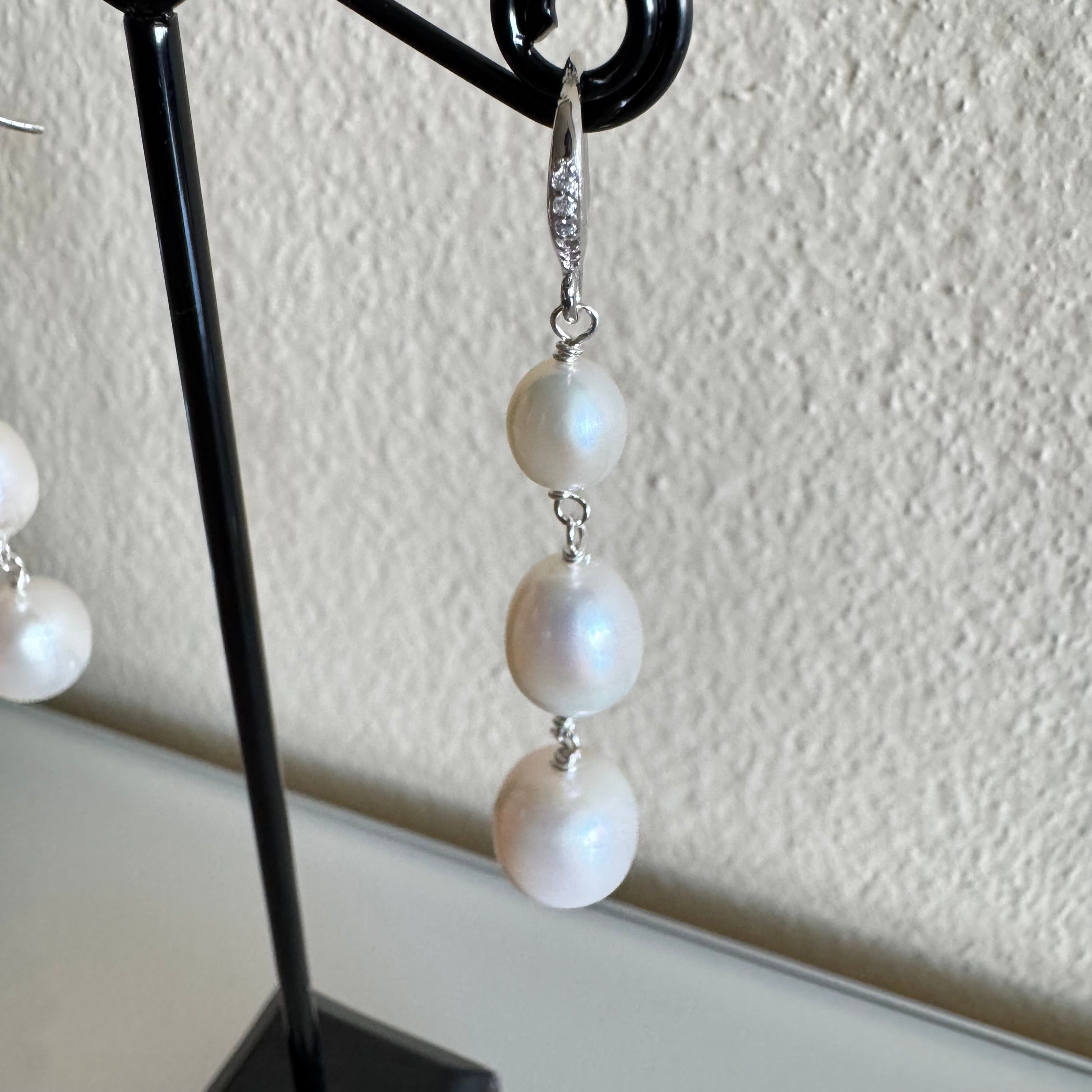 Sterling silver freshwater pearl trilogy earrings with cubic zirconia melees