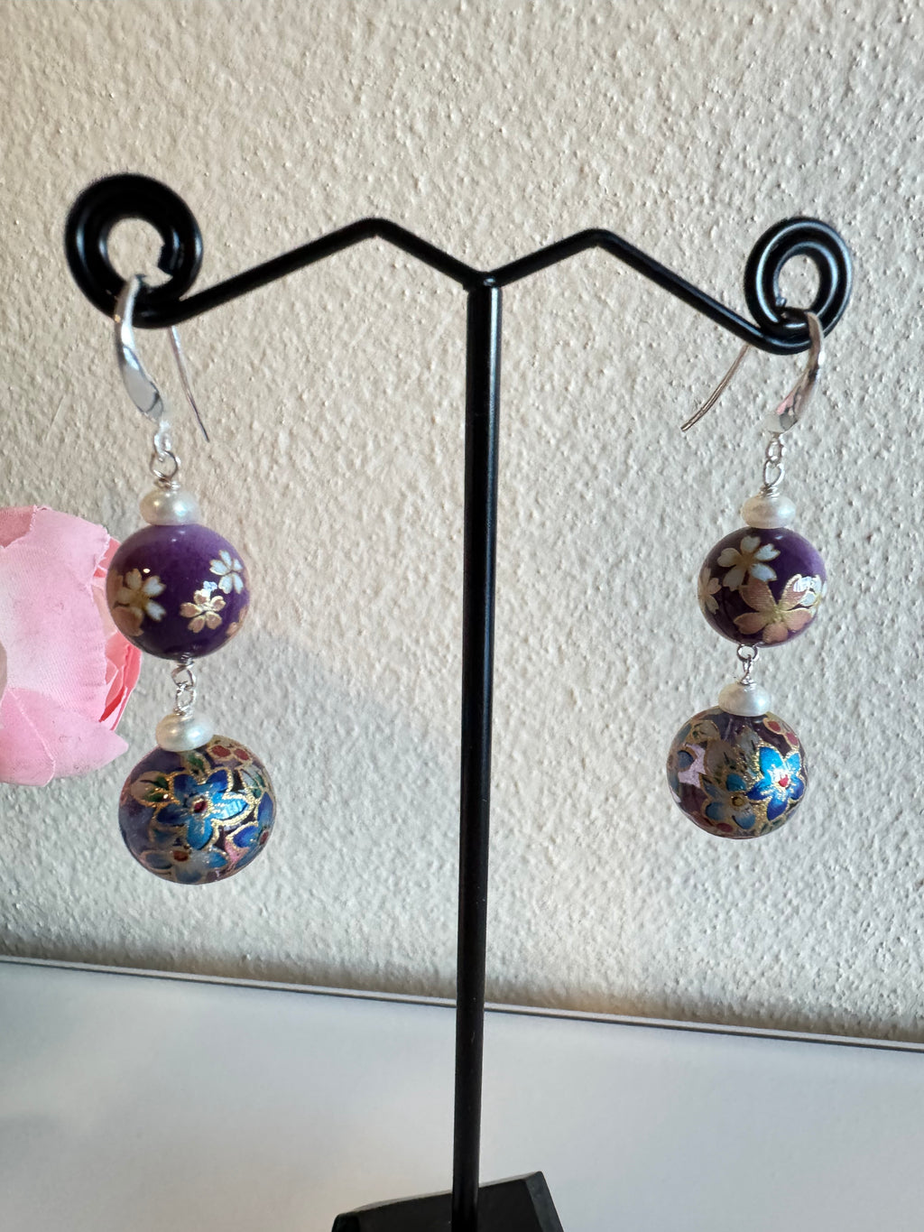 Sterling silver Japanese tensha beads and freshwater pearl earrings