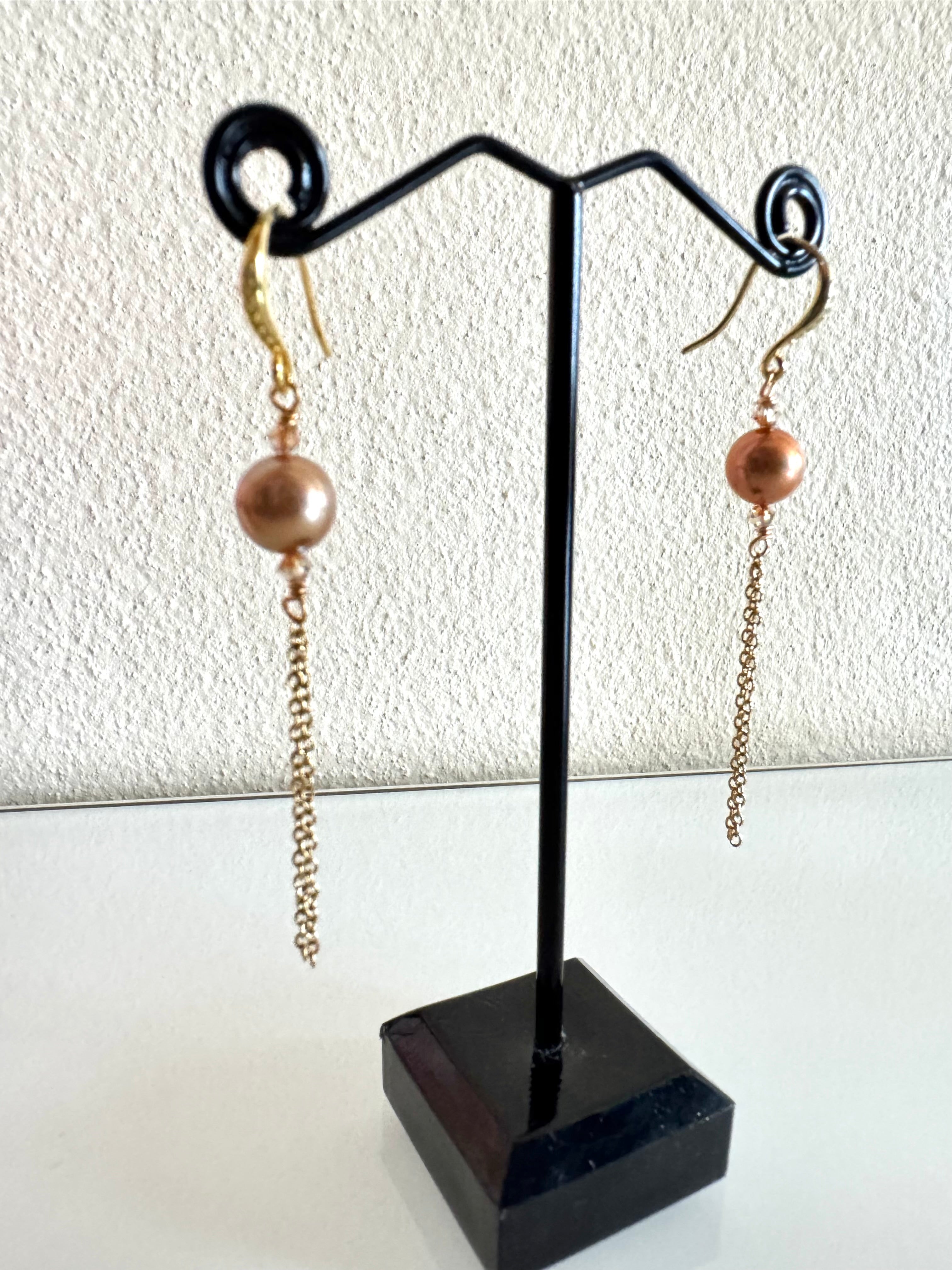 Sterling silver freshwater golden pearl earrings with stainless gold chains