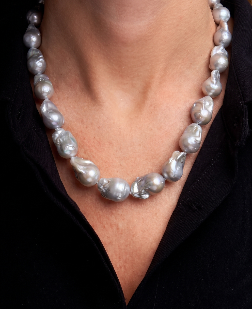 Large Grey Colour Baroque Pearl Necklace, 925 Sterling Silver Puch Clasp, Genuine Pearl Jewelry, Handcrafted in Australia, Exclusive Gift