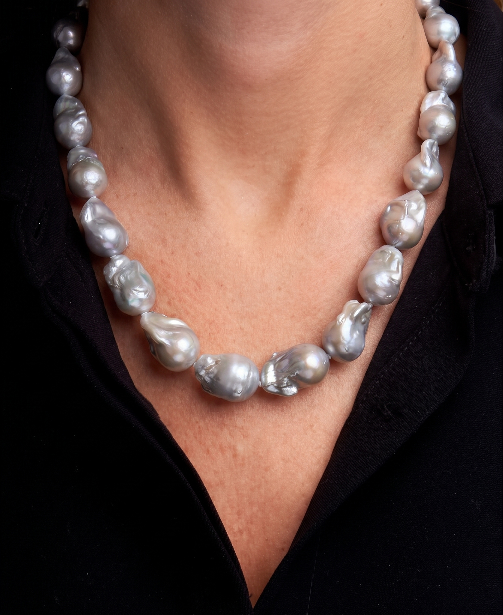 Large Grey Colour Baroque Pearl Necklace, 925 Sterling Silver Puch Clasp, Genuine Pearl Jewelry, Handcrafted in Australia, Exclusive Gift
