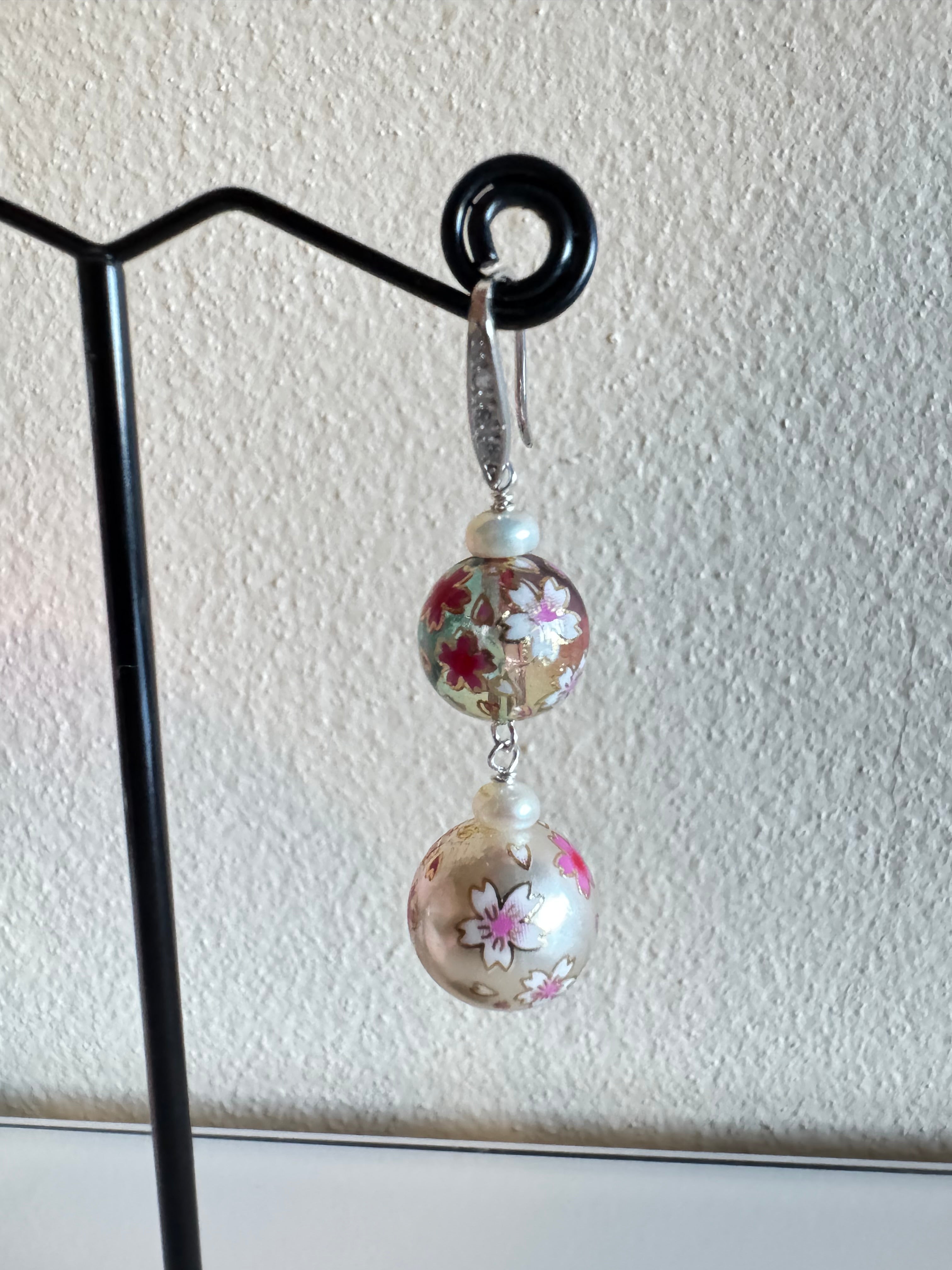 Sterling silver Japanese tensha beads and freshwater pearl earrings