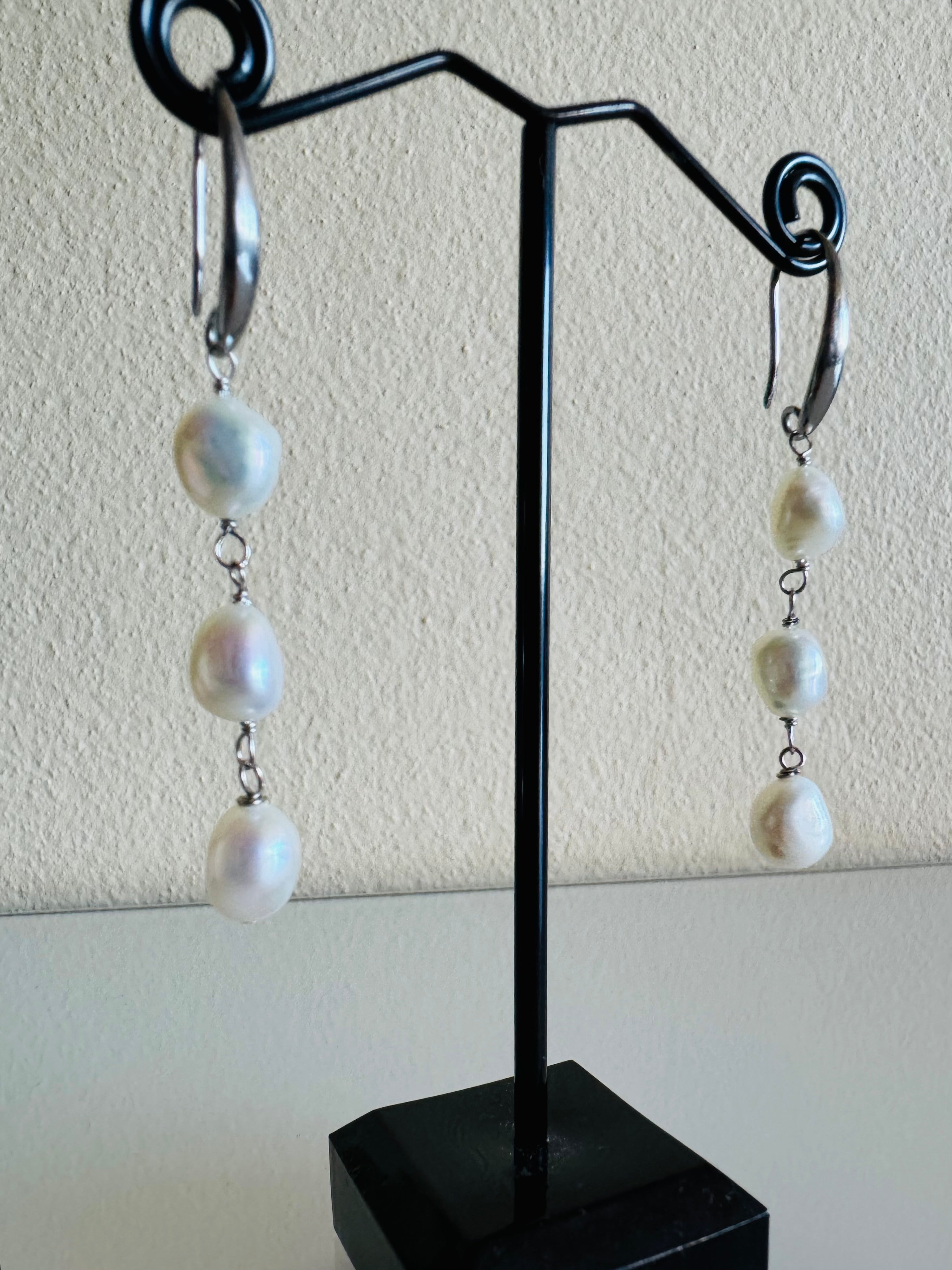 Freshwater Off Round White Pearl Trilogy Earrings with Surgical Stainless Settings, Tarnish Fee, Waterproof, Handmade Australia, Gift for Her