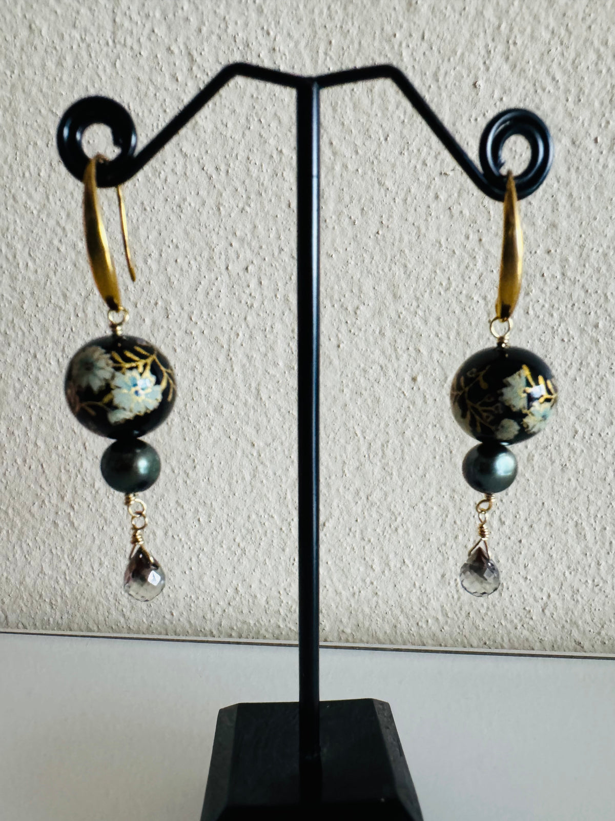 Japanese Tensha Bead Earrings, Surgical Stainless Steel Gold  Hooks, Black Pearl Dangle Earrings, Crystal Glass, Handmade Jewellery