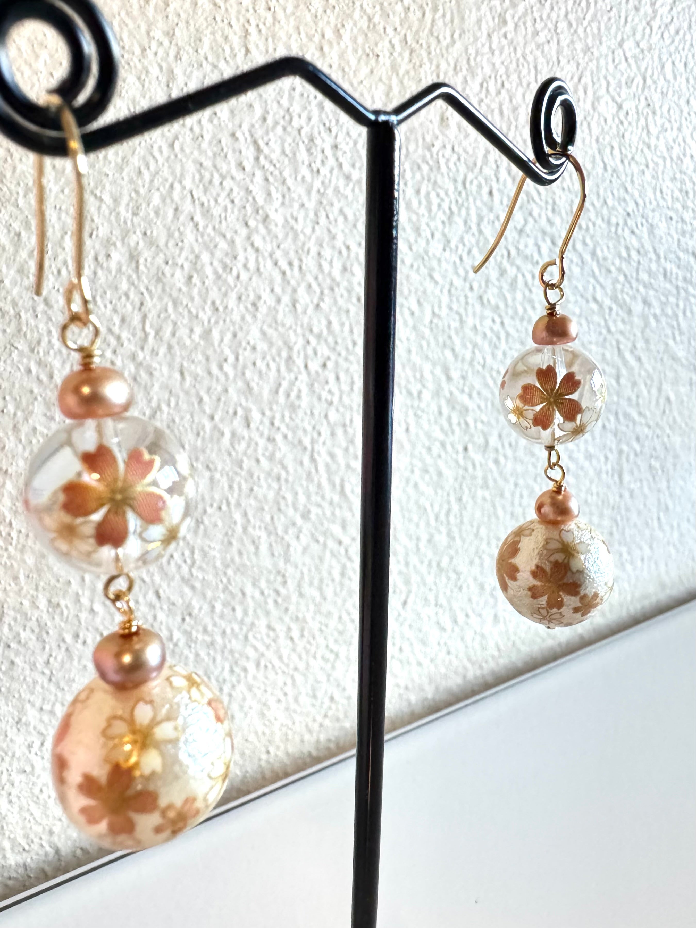 Japanese tensha beads and freshwater golden pearl earrings with surgical stainless gold hooks