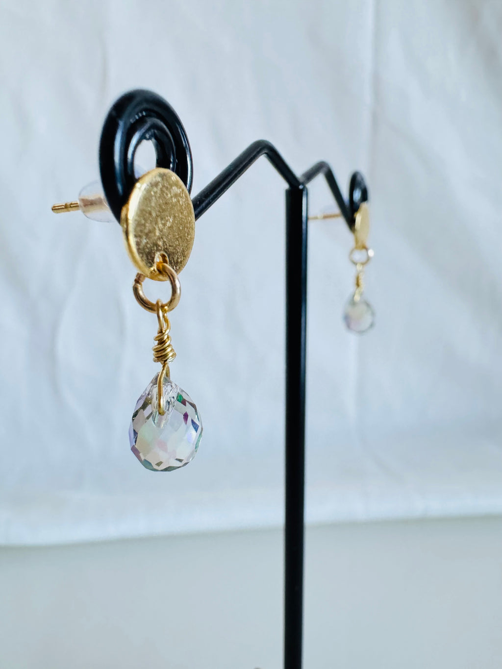 Handmade Crystal Drop Earrings, Green-Purple Briolette, Surgical Stainless Gold Studs (1.5g)