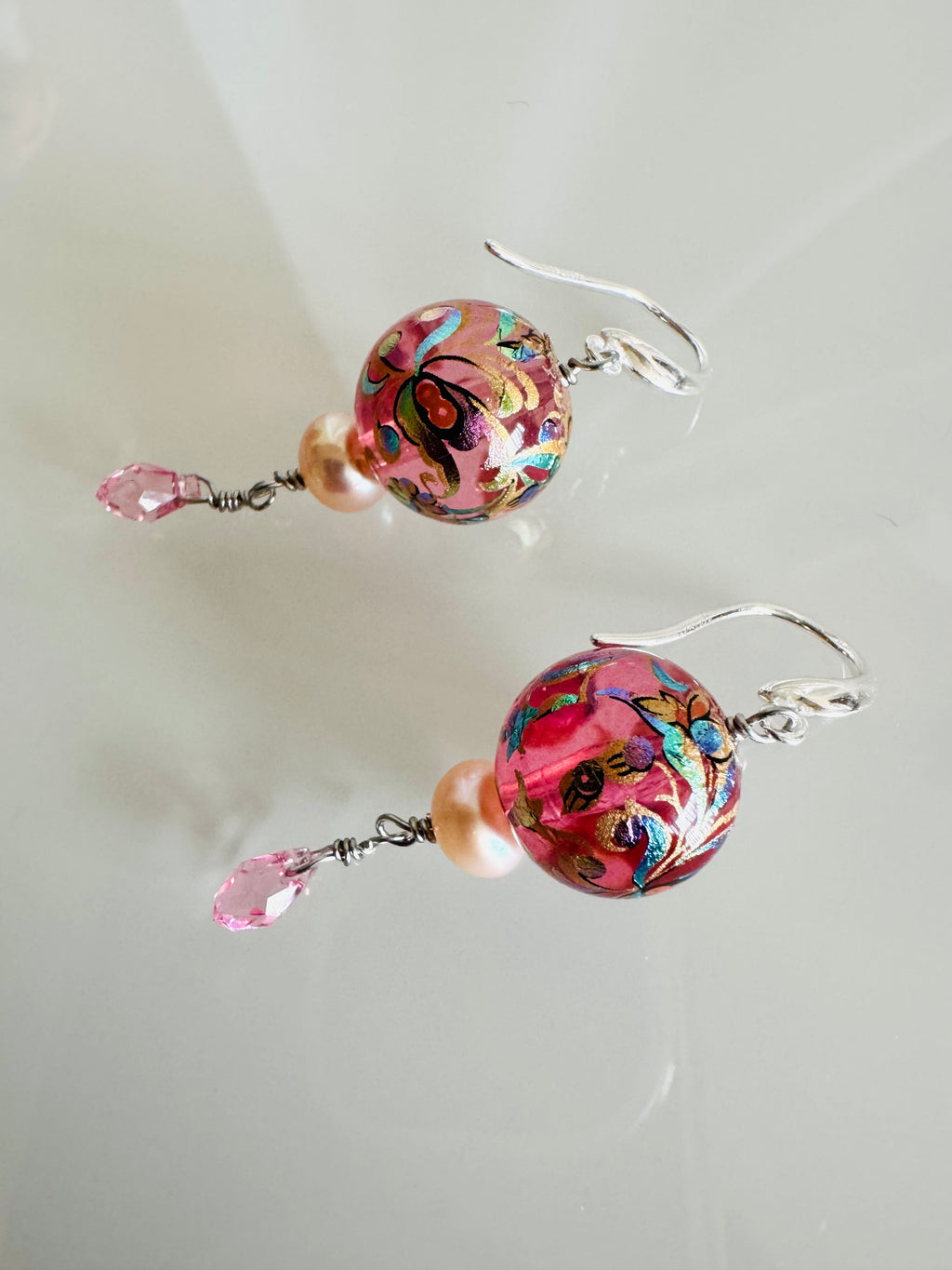 Japanese Tensha Floral Earrings, Pink Pearl Swarovski Crystal Drop, Sterling Silver Hooks