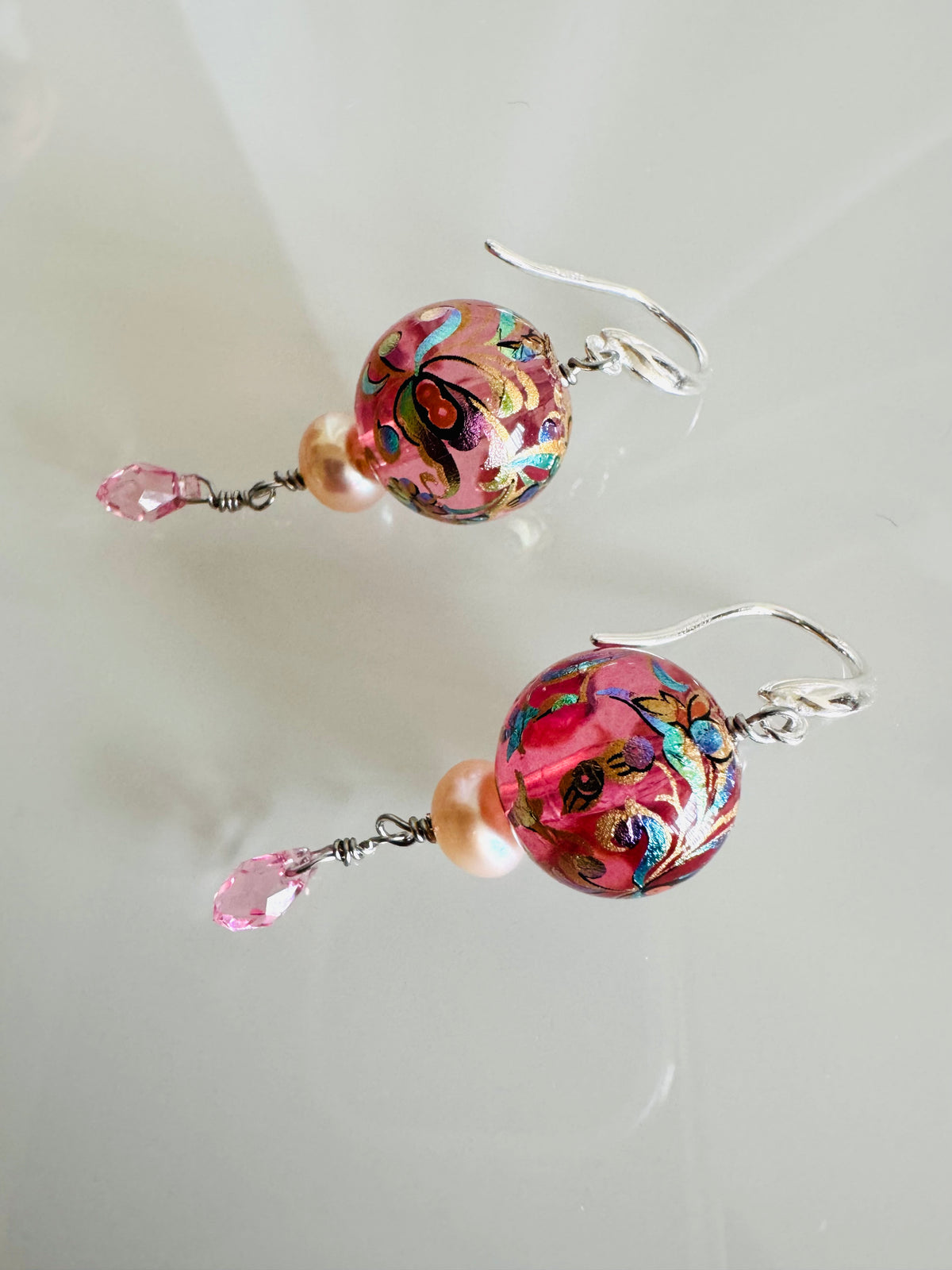 Japanese Tensha Floral Earrings, Pink Pearl Swarovski Crystal Drop, Sterling Silver Hooks