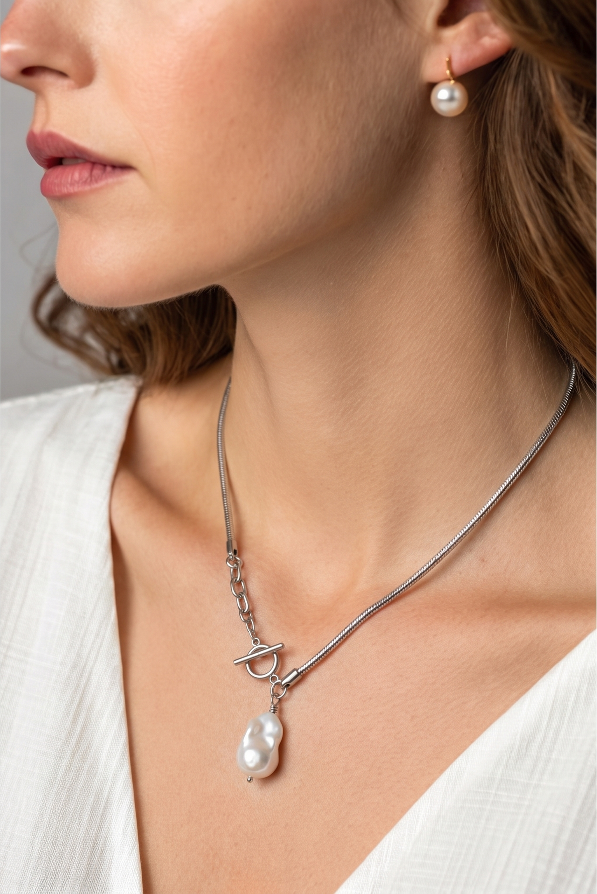 Handmade Baroque Pearl Toggle Necklace, Surgical Stainless Steel Chain, Statement Jewellery