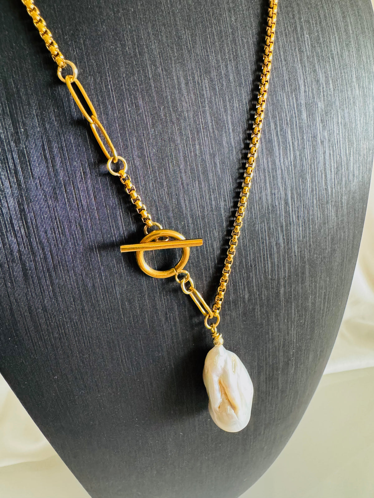 Handmade Baroque Pearl Toggle Necklace, Gold Stainless Steel Chain, Statement Jewellery