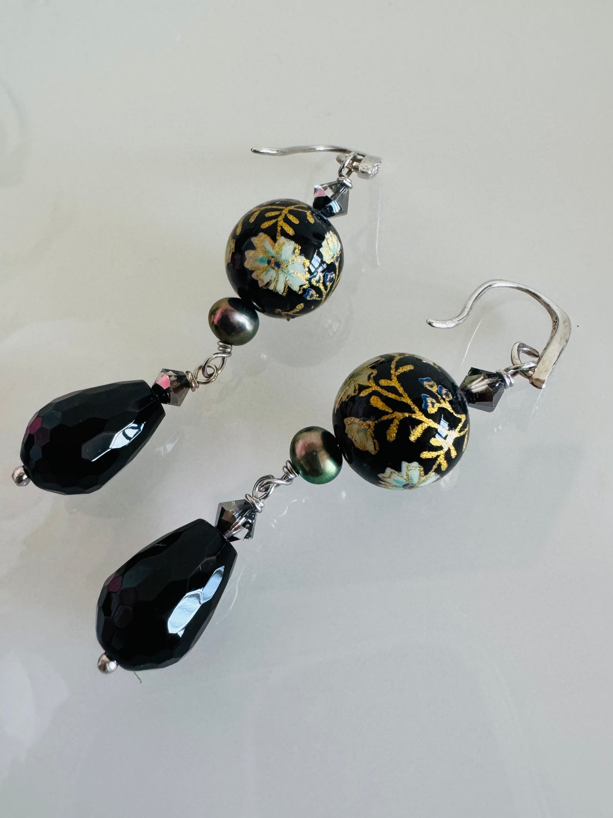 Japanese Tensha Bead & Onyx Earrings, Sterling Silver Freshwater Black Pearl Dangle Earrings, Swarovski Crystal, Handmade Australia