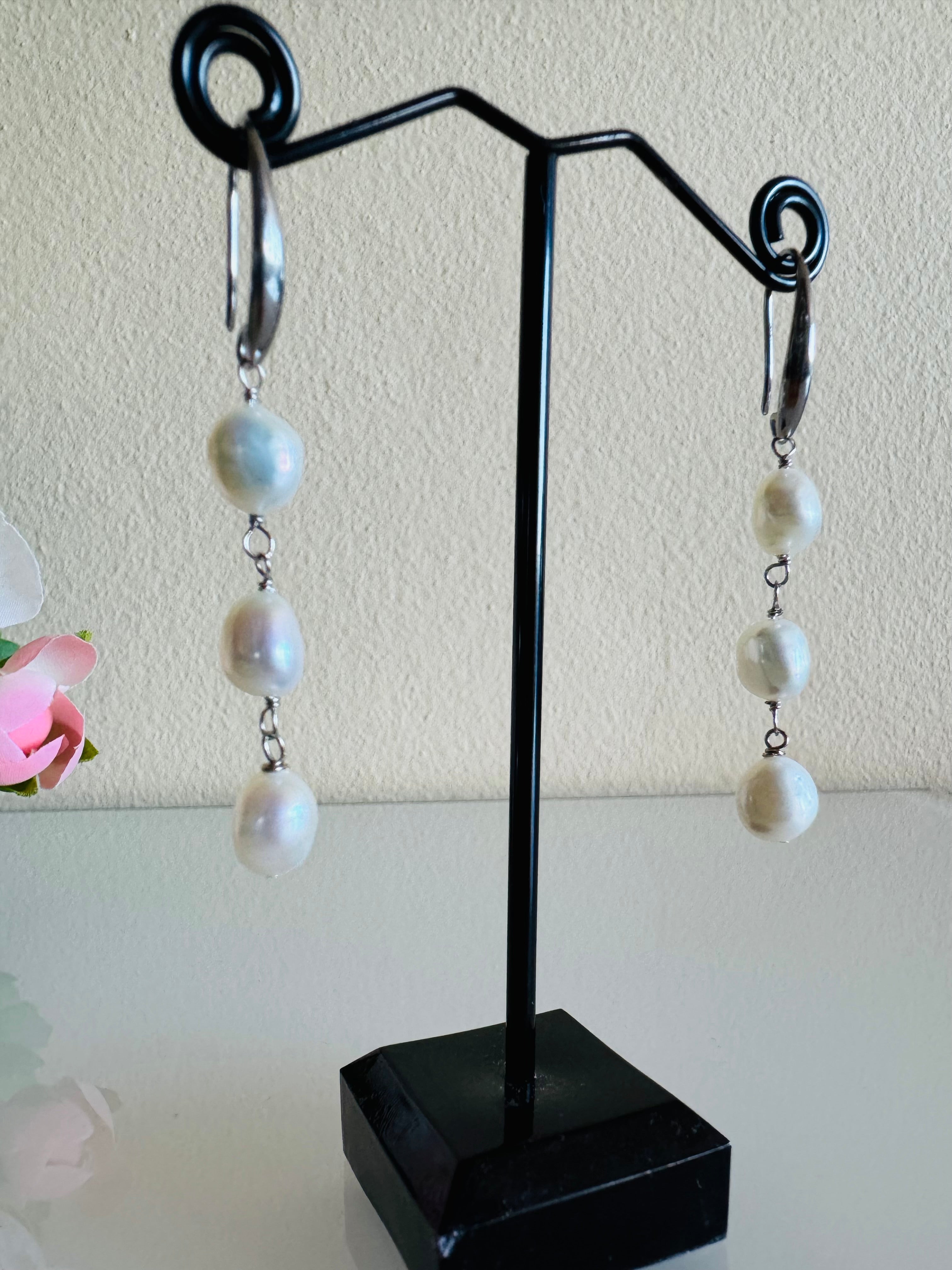 Freshwater Off Round White Pearl Trilogy Earrings with Surgical Stainless Settings, Tarnish Fee, Waterproof, Handmade Australia, Gift for Her
