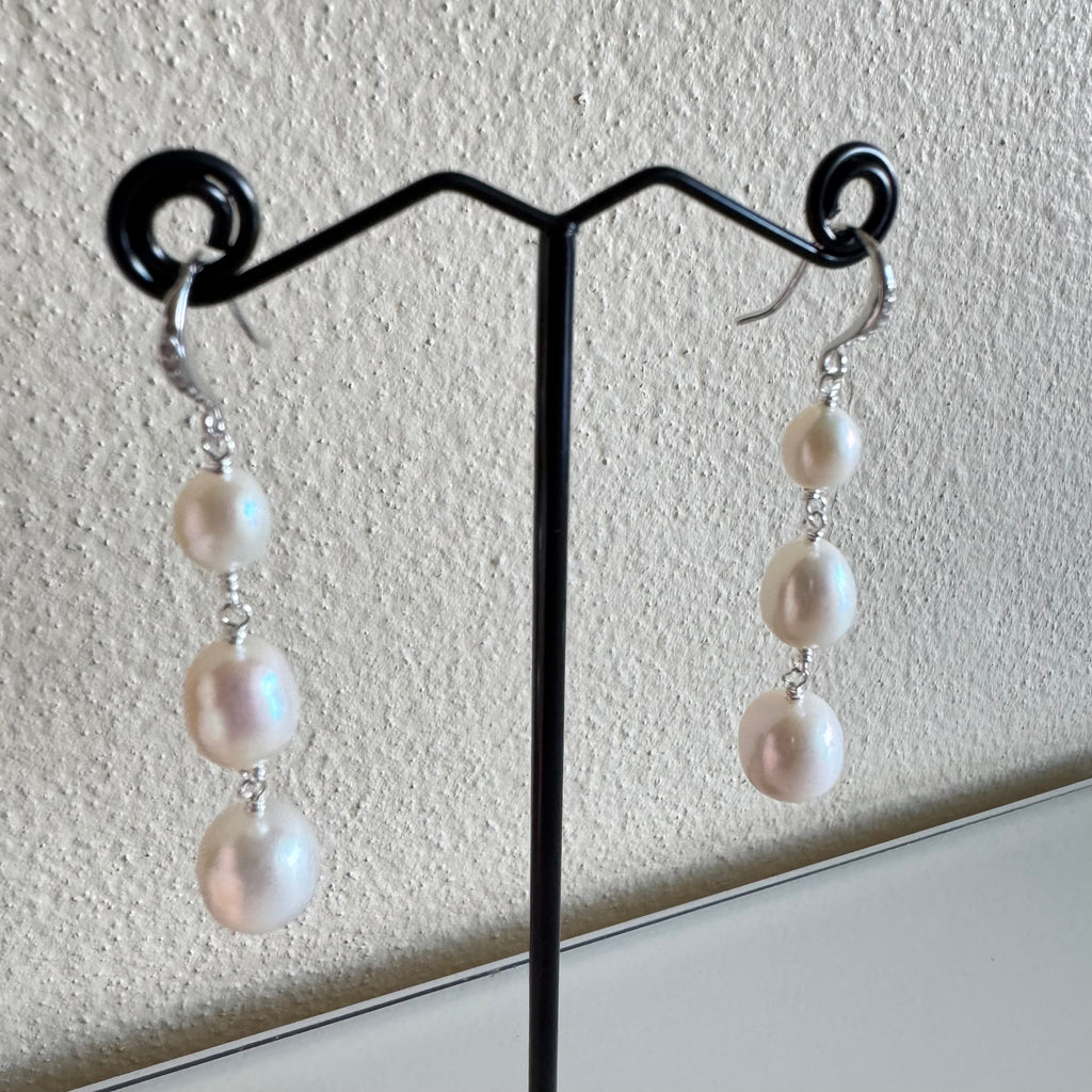 Sterling silver freshwater pearl trilogy earrings with cubic zirconia melees