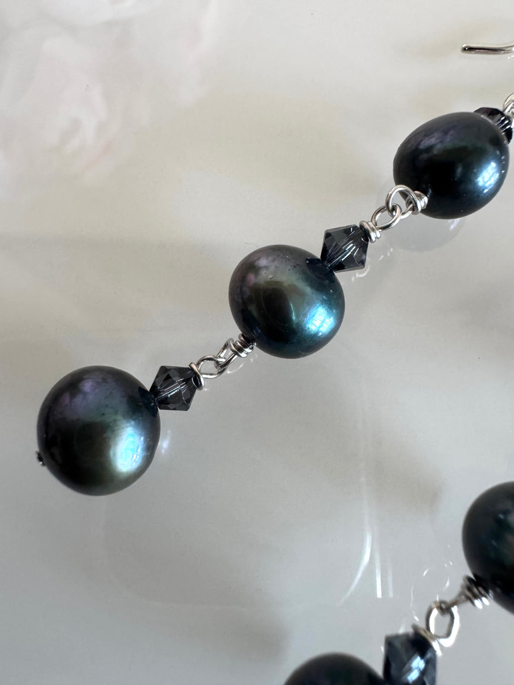 Black Freshwater Off Round Pearl Drop Trilogy Earrings With 925 Silver Hooks, Swarovski Crystals, Dangle Earrings, Anniversary Gift,