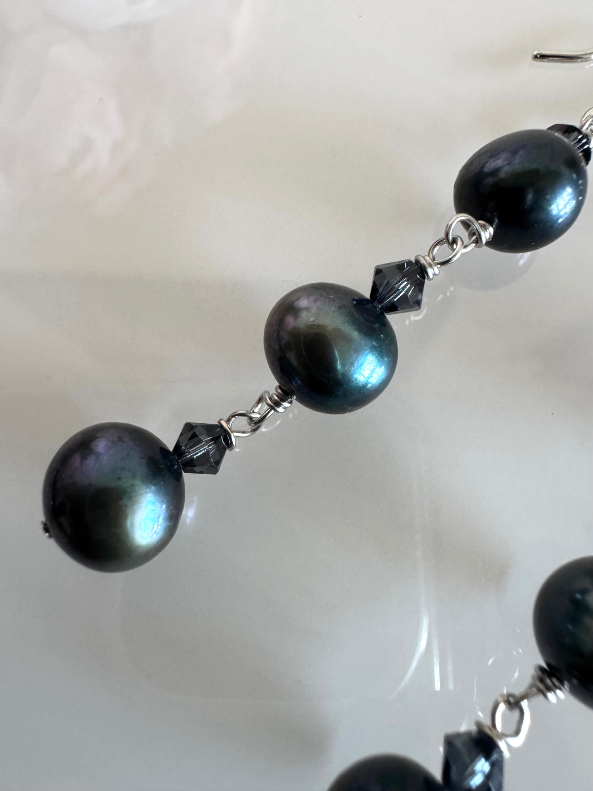 Black Freshwater Off Round Pearl Drop Trilogy Earrings With 925 Silver Hooks, Swarovski Crystals, Dangle Earrings, Anniversary Gift,