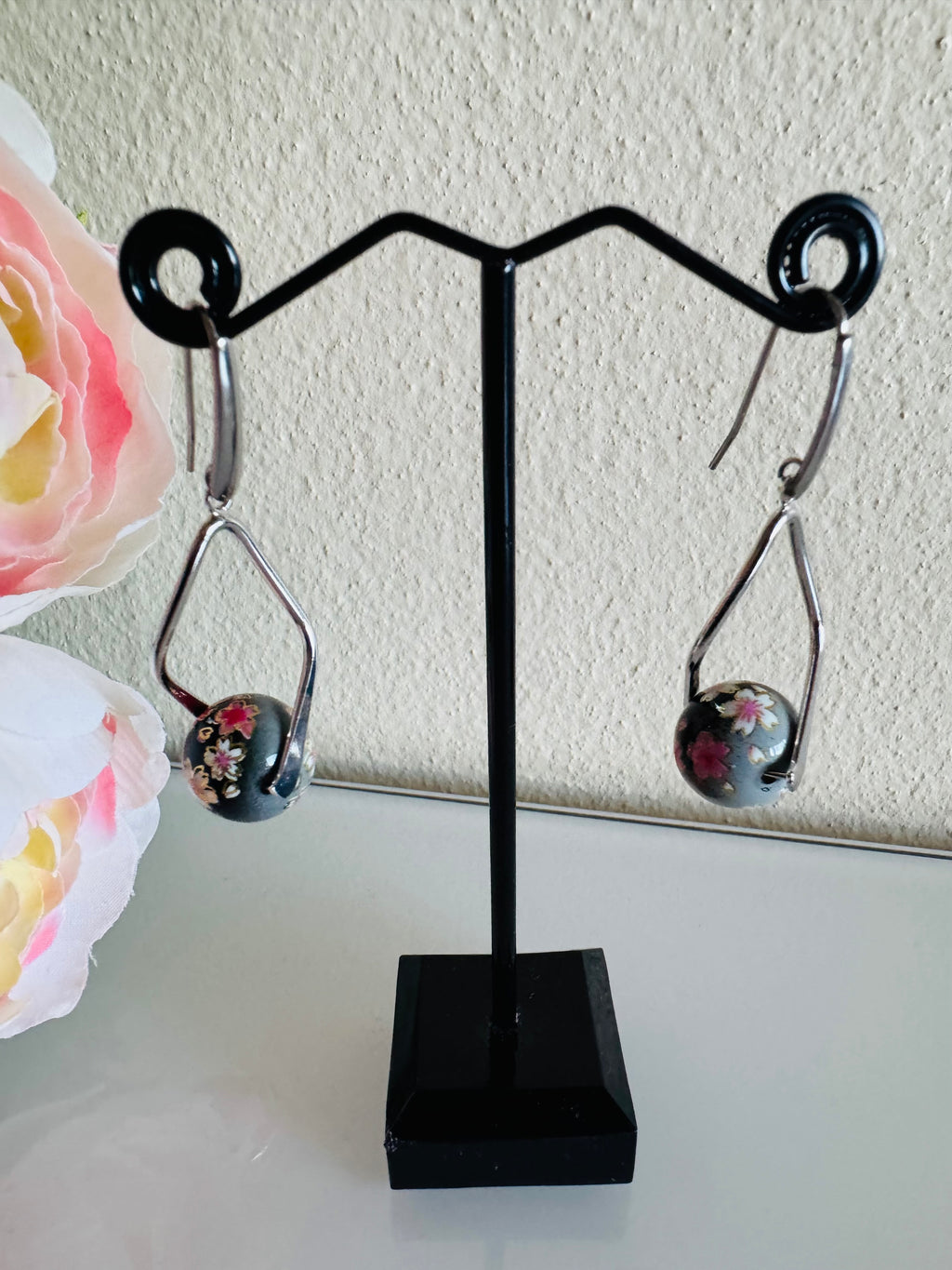 Japanese Tensha Beads Earrings - Black Sakura Floral | Stainless Steel Hooks