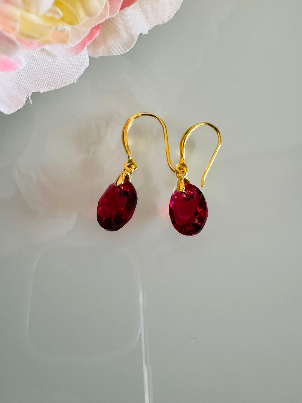 Swarovski Crystal Drop Earrings, Sterling Silver Gold Dangle Earrings, Handmade Australian Jewellery, Red Crystal Earrings, Gift for Her