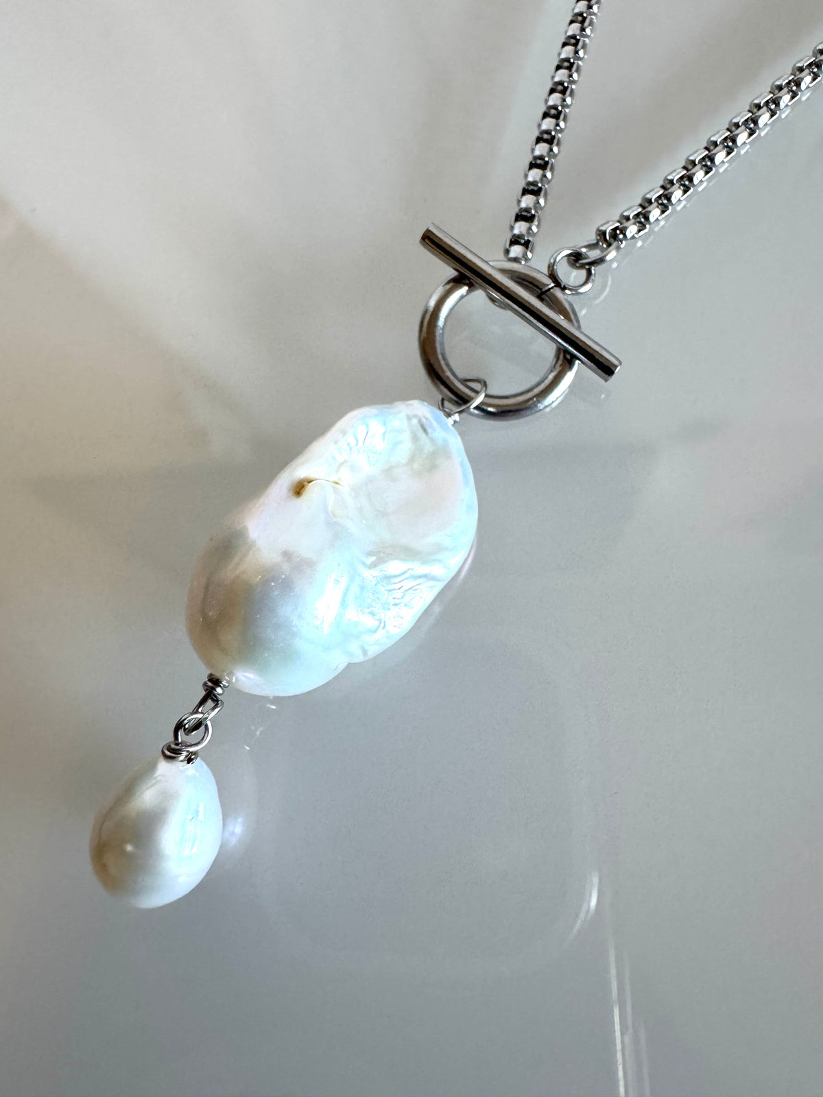 Handmade Baroque Pearl Toggle Necklace, Surgical Stainless Steel Chain, Minimalist Jewelry