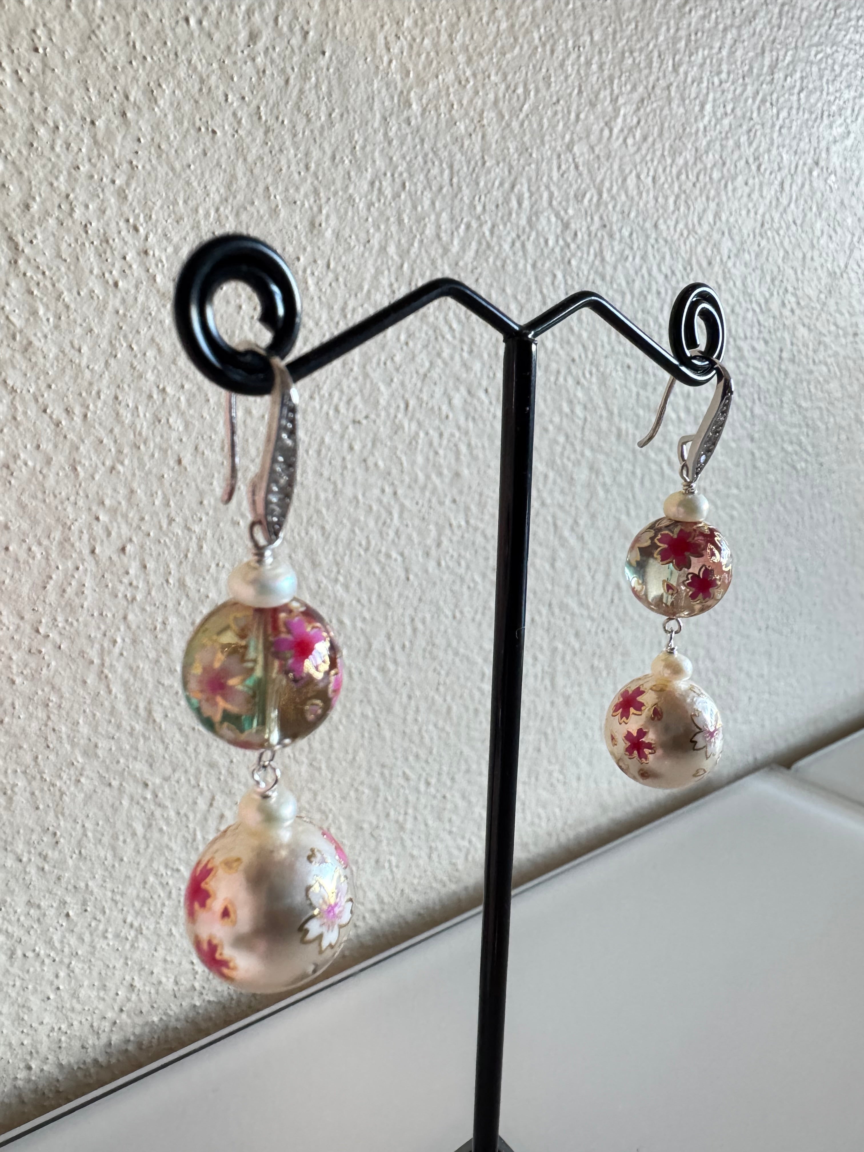 Sterling silver Japanese tensha beads and freshwater pearl earrings
