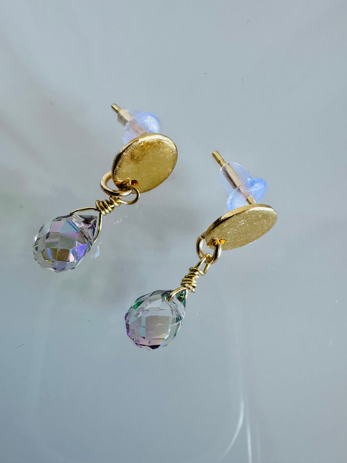 Handmade Crystal Drop Earrings, Green-Purple Briolette, Surgical Stainless Gold Studs (1.5g)