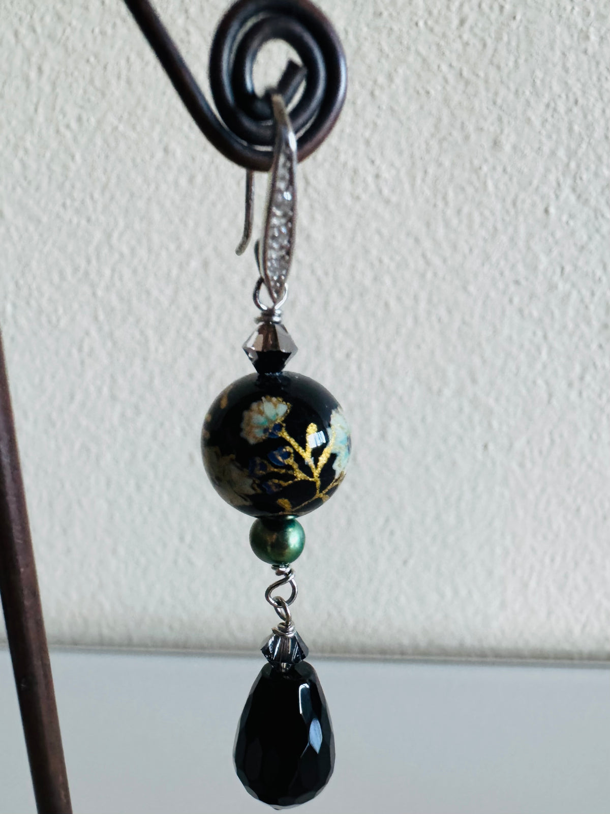Japanese Tensha Bead & Onyx Earrings, Sterling Silver Freshwater Black Pearl Dangle Earrings, Swarovski Crystal, Handmade Australia