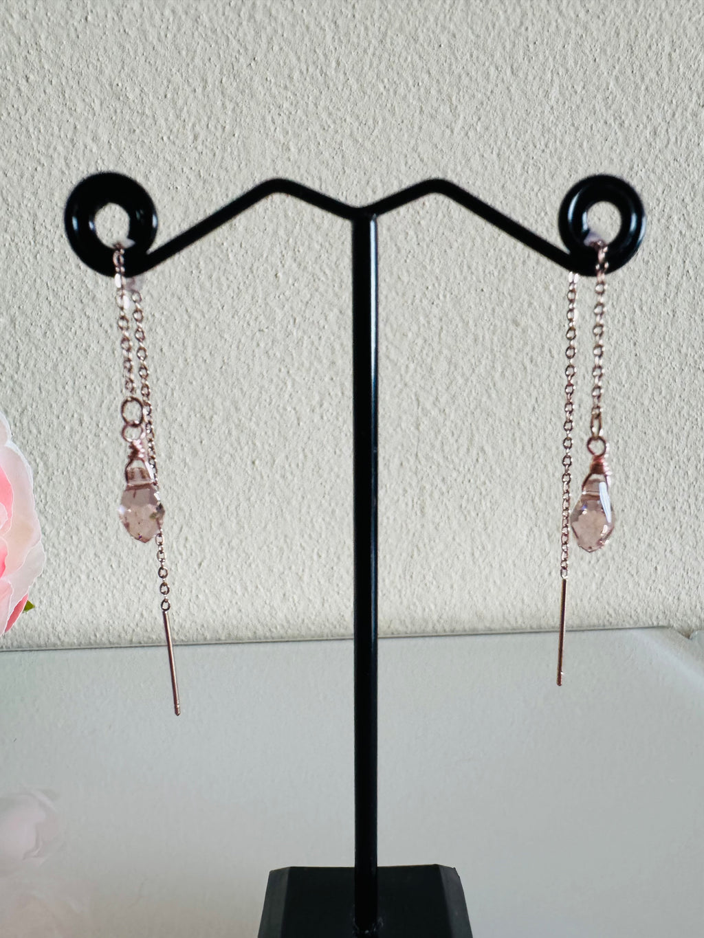 Swarovski Crystal Drop Earrings, Surgical Stainless Rose Gold Dangle Chain Earrings, Handmade Australian Jewellery, Rosegold pink Colour