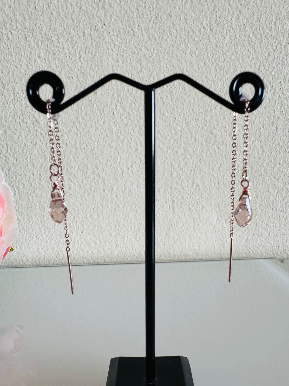 Swarovski Crystal Drop Earrings, Surgical Stainless Rose Gold Dangle Chain Earrings, Handmade Australian Jewellery, Rosegold pink Colour