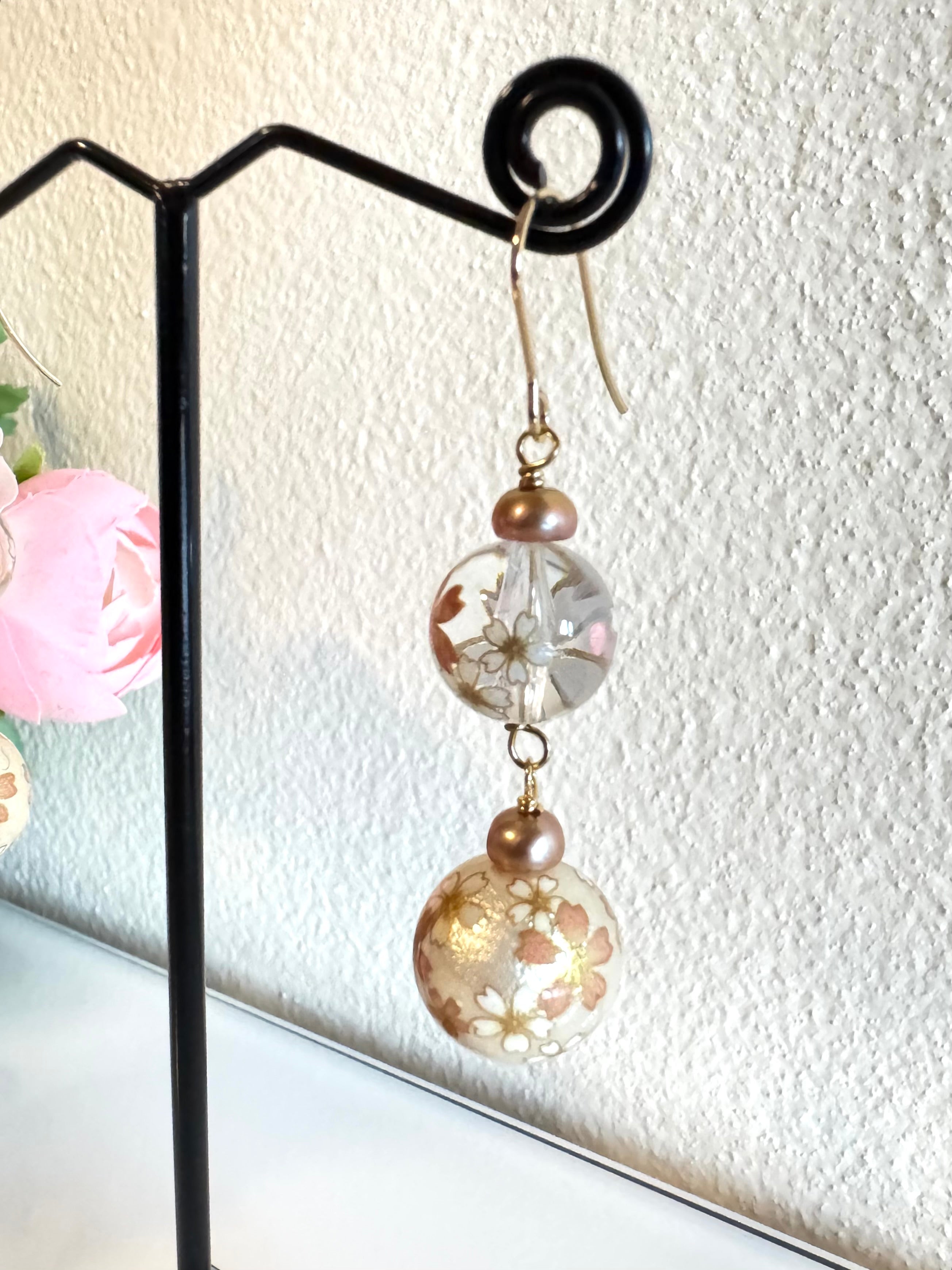 Japanese tensha beads and freshwater golden pearl earrings with surgical stainless gold hooks
