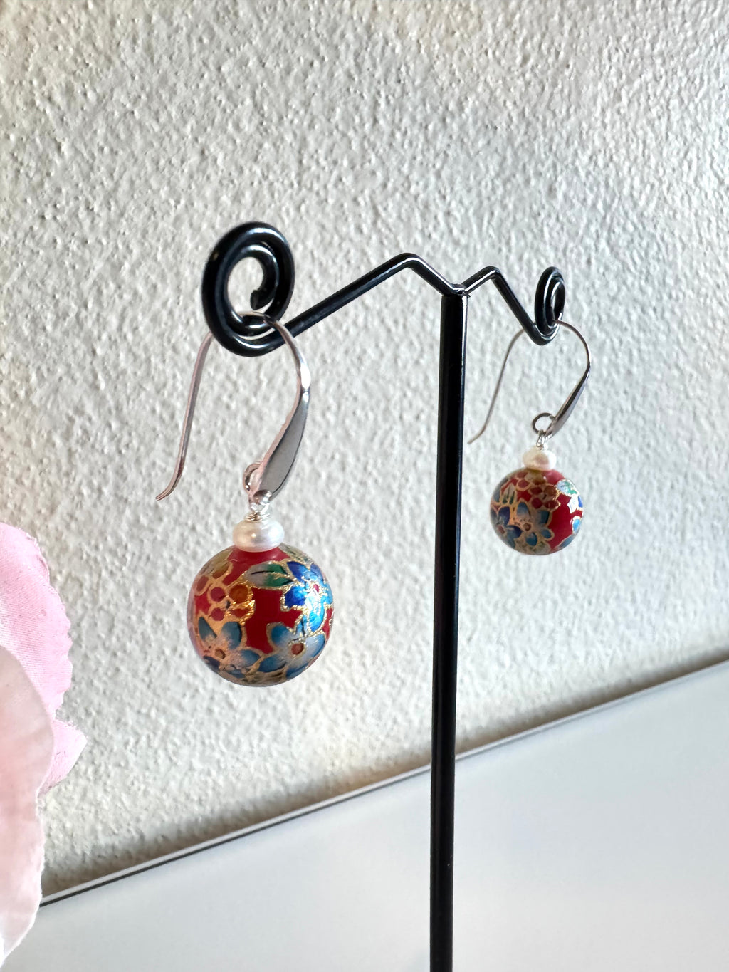 Sterling silver Japanese tensha beads and freshwater pearl earrings