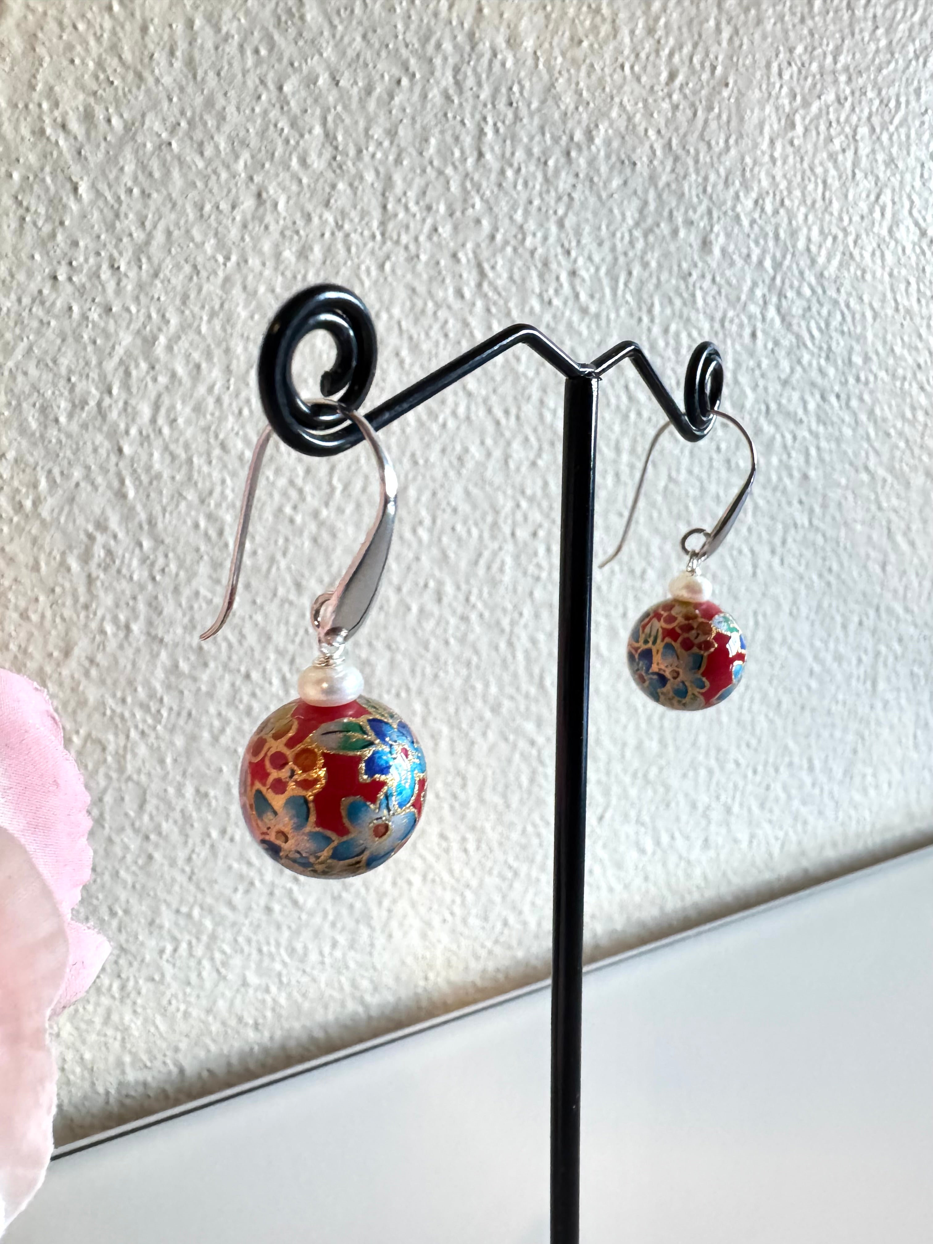 Sterling silver Japanese tensha beads and freshwater pearl earrings