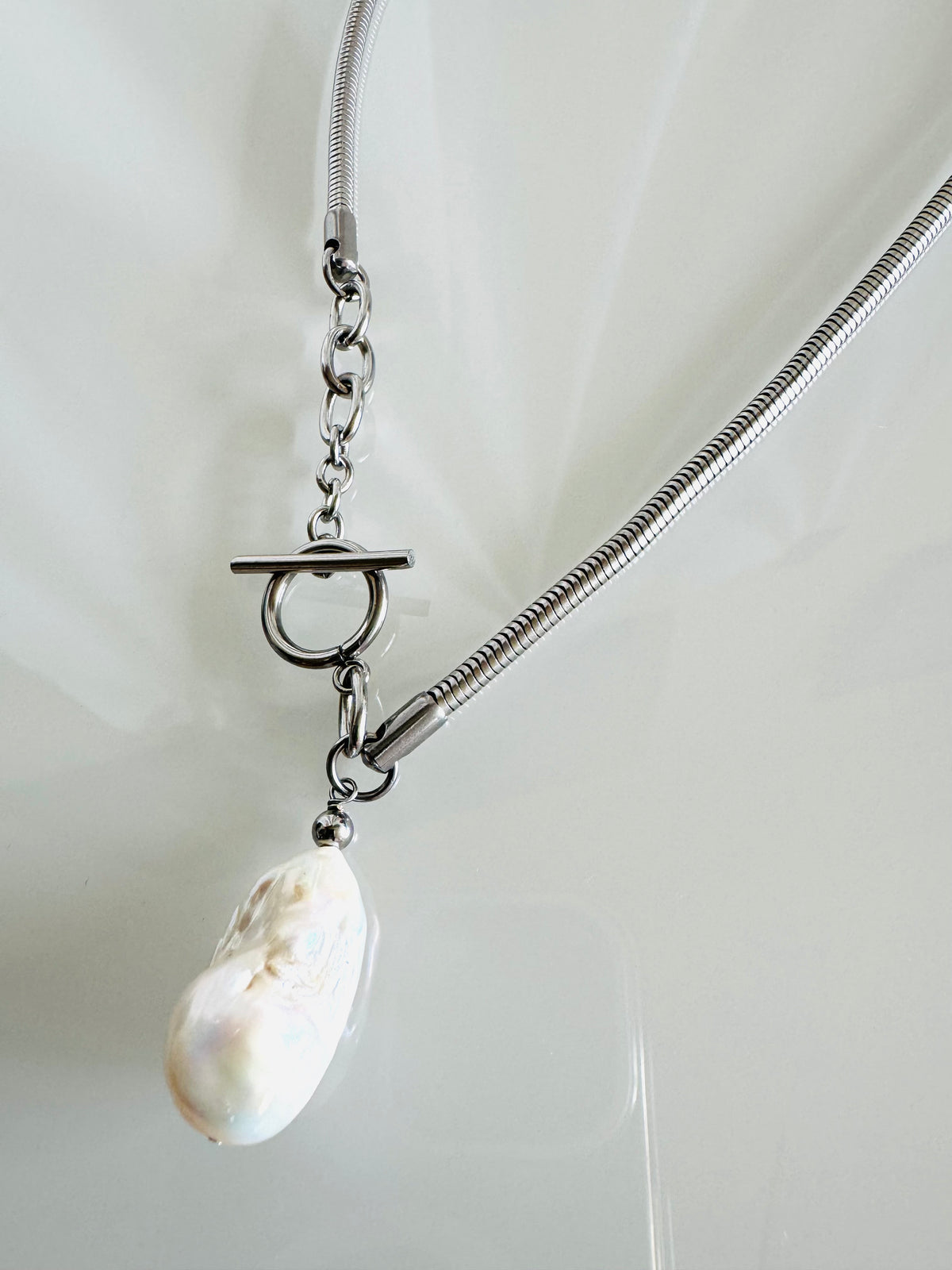 Handmade Baroque Pearl Toggle Necklace, Surgical Stainless Steel Chain, Statement Jewellery
