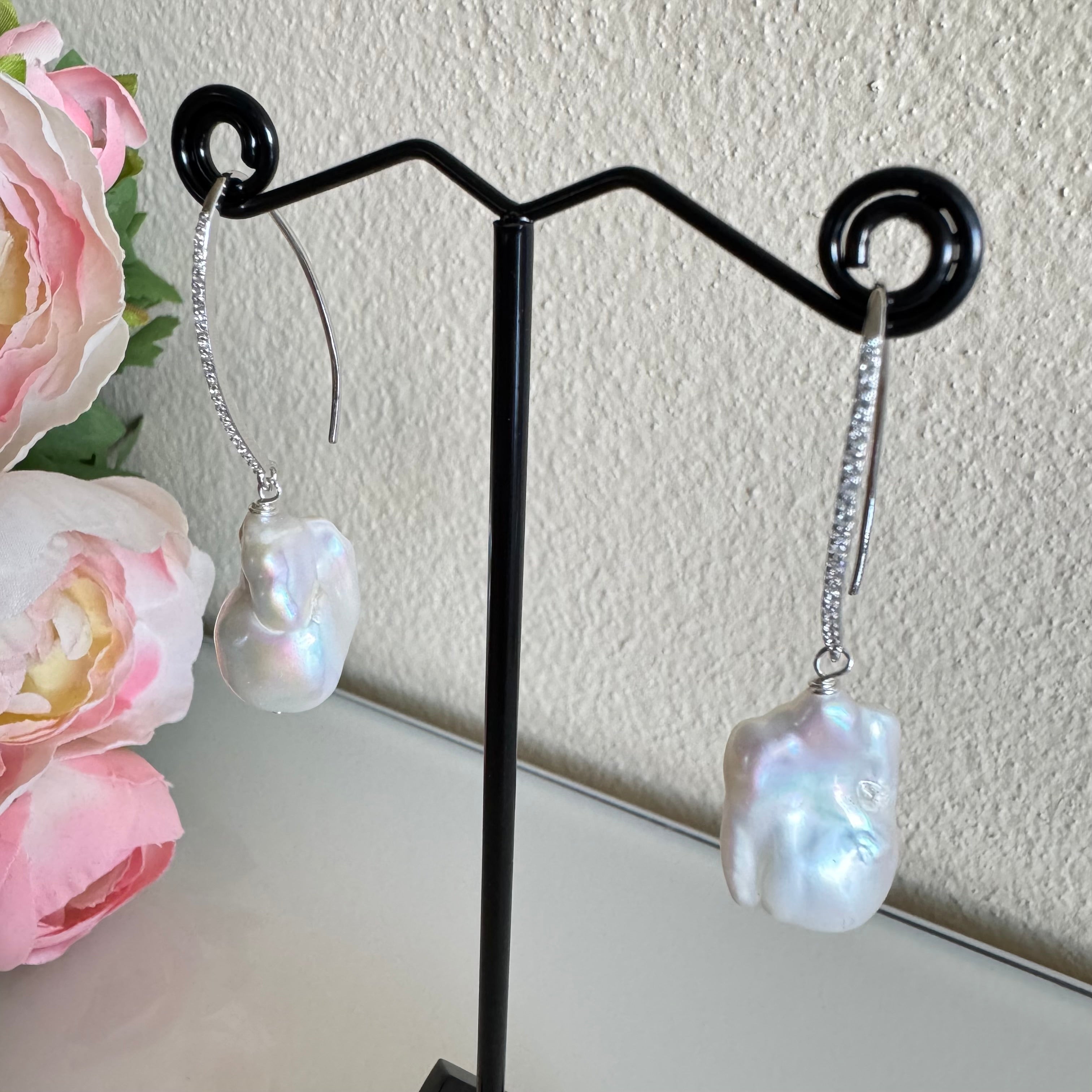 Sterling silver freshwater baroque pearl earrings with cubic zirconia melee stones