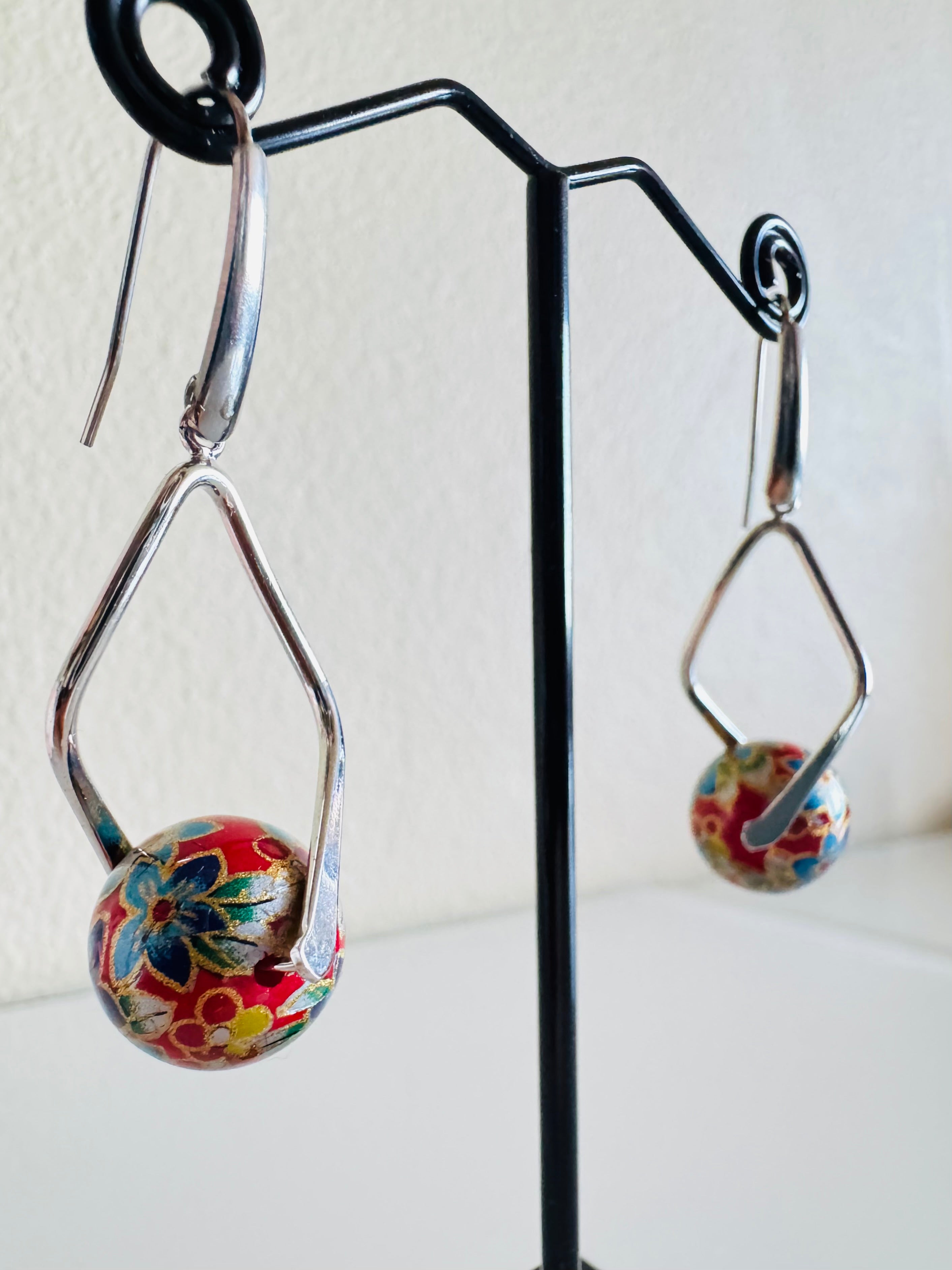 Japanese Tensha Beads Earrings - Red Floral | Stainless Steel Hooks