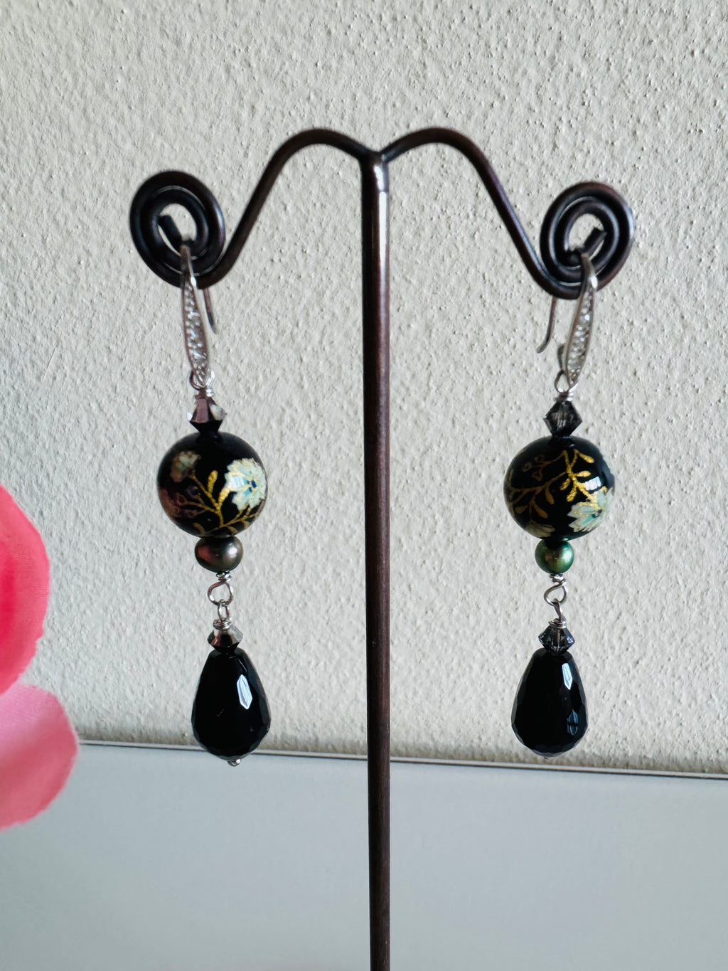 Japanese Tensha Bead & Onyx Earrings, Sterling Silver Freshwater Black Pearl Dangle Earrings, Swarovski Crystal, Handmade Australia