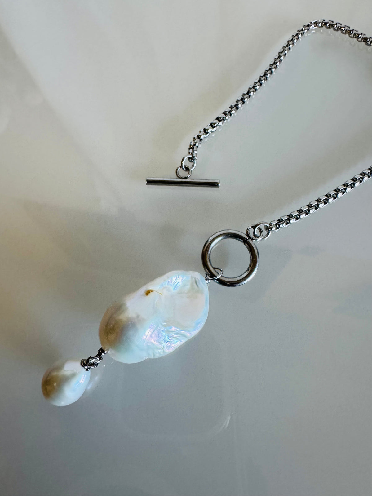 Handmade Baroque Pearl Toggle Necklace, Surgical Stainless Steel Chain, Minimalist Jewelry