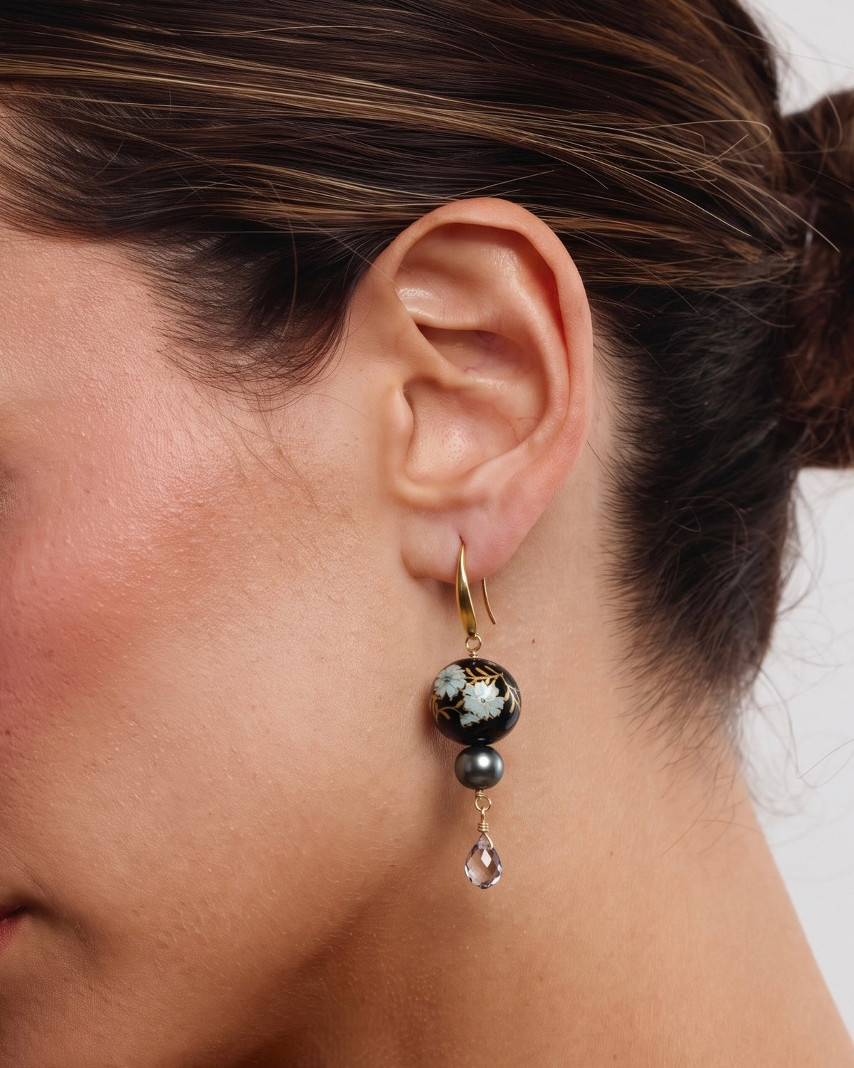 Japanese Tensha Bead Earrings, Surgical Stainless Steel Gold  Hooks, Black Pearl Dangle Earrings, Crystal Glass, Handmade Jewellery