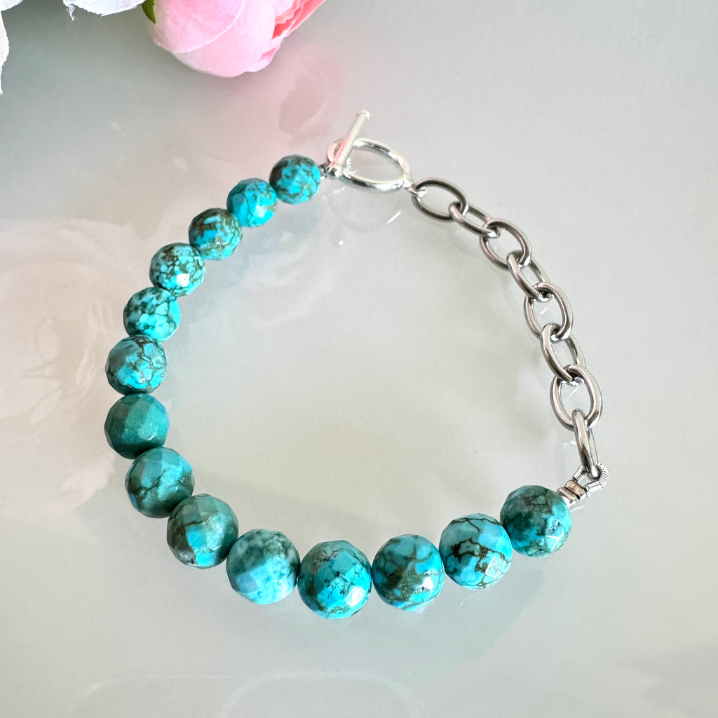 Howlite bracelet with sterling silver OT clasps and stainless chain bracelet
