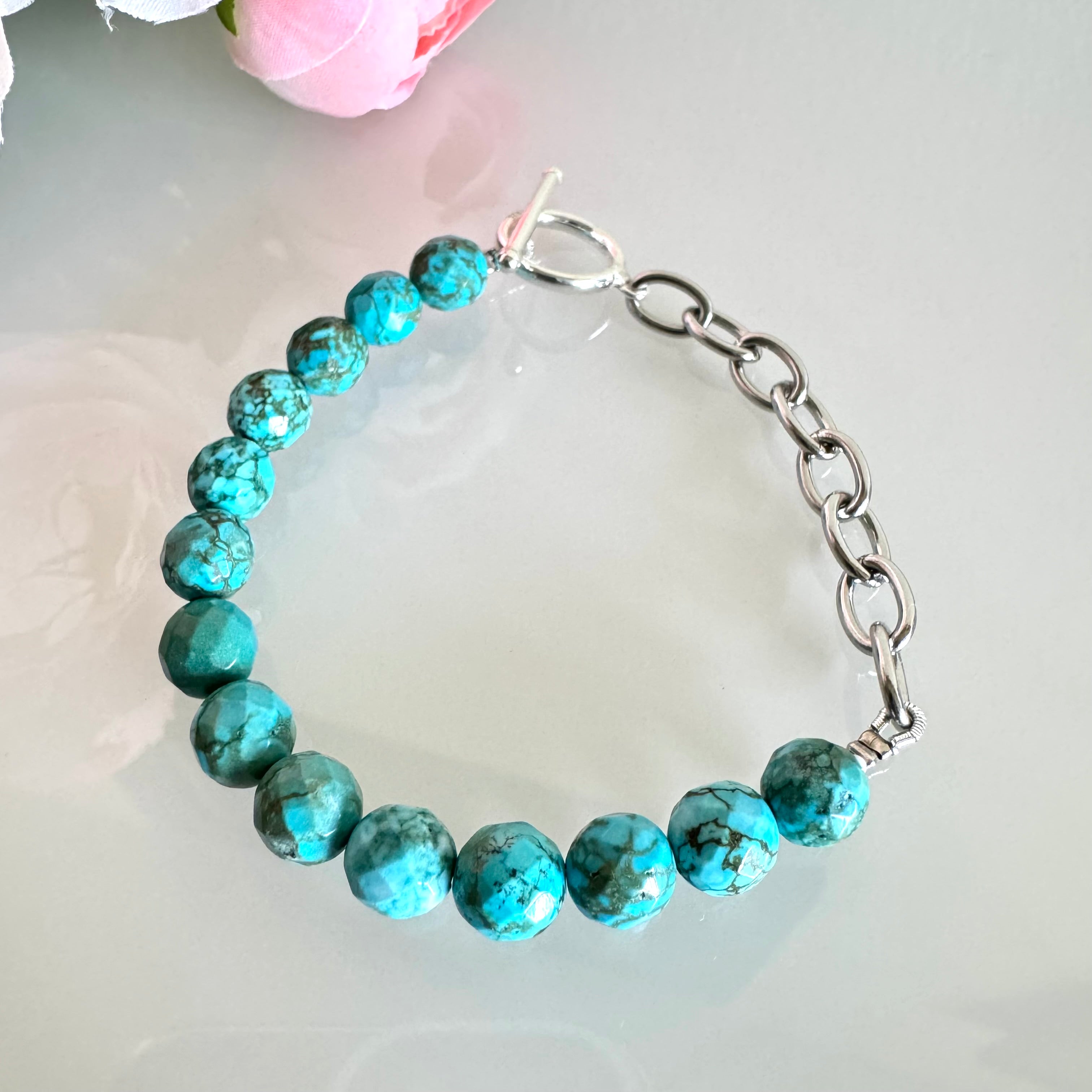 Howlite bracelet with sterling silver OT clasps and stainless chain bracelet