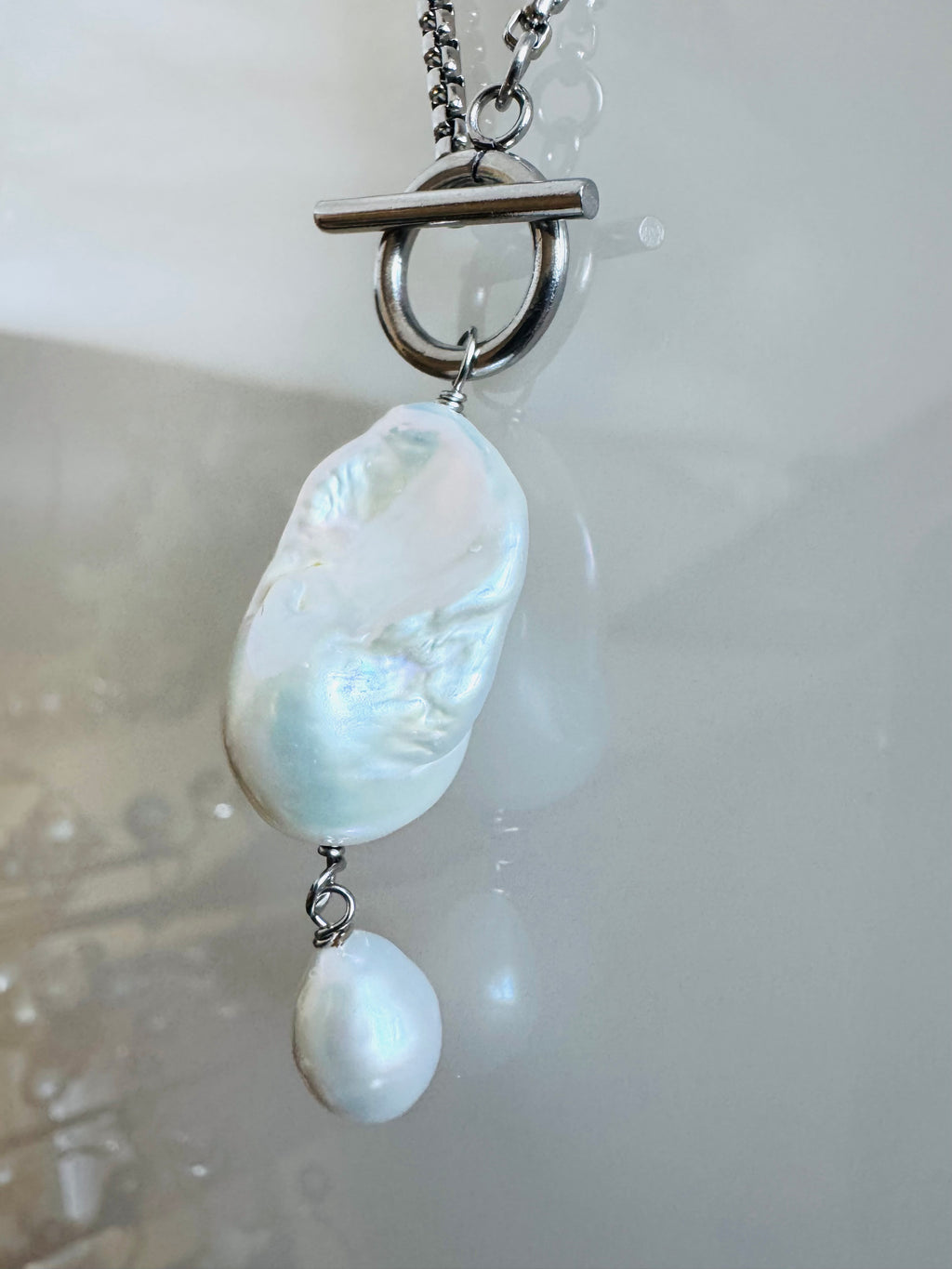 Handmade Baroque Pearl Toggle Necklace, Surgical Stainless Steel Chain, Minimalist Jewelry