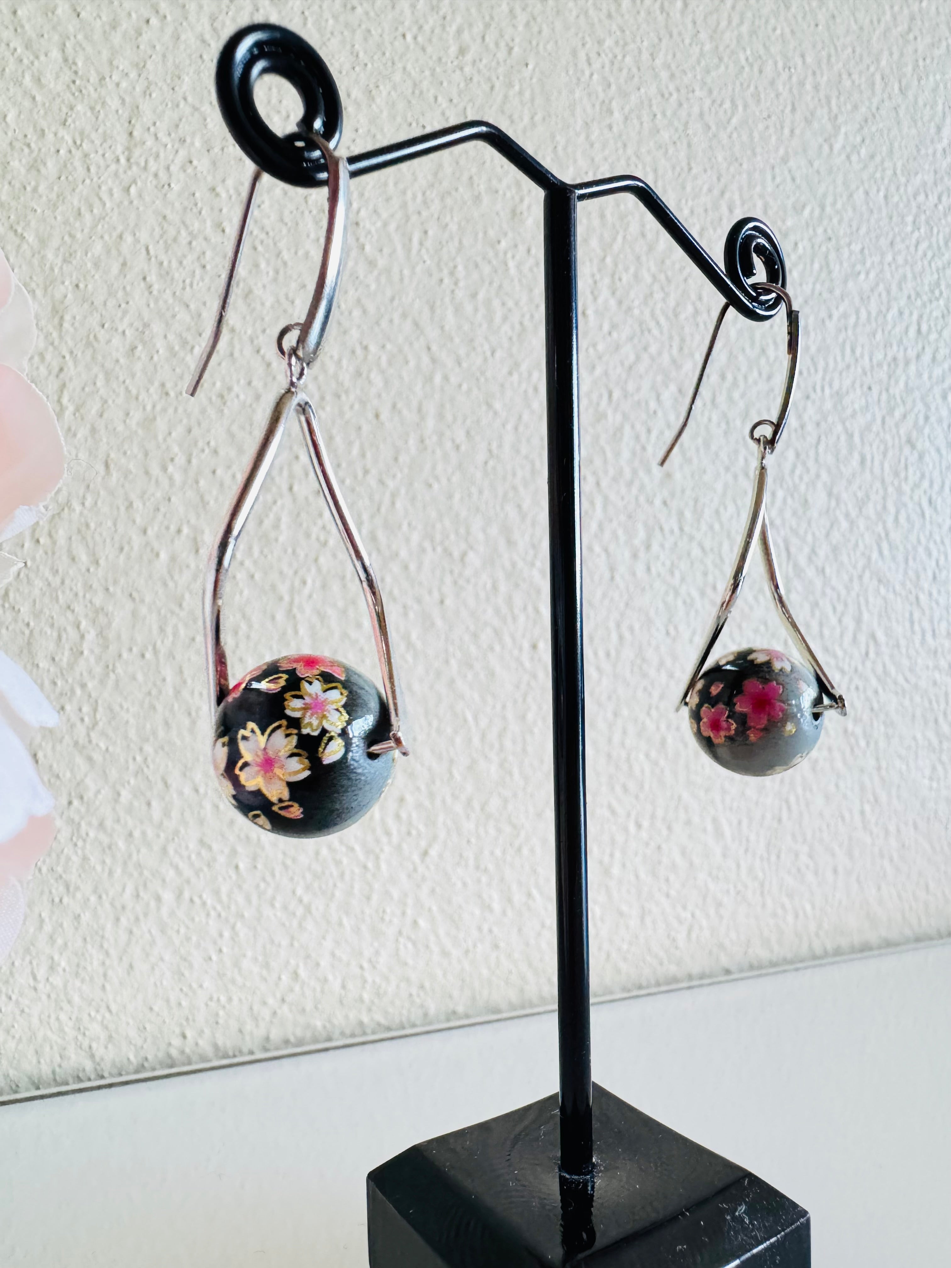 Japanese Tensha Beads Earrings - Black Sakura Floral | Stainless Steel Hooks