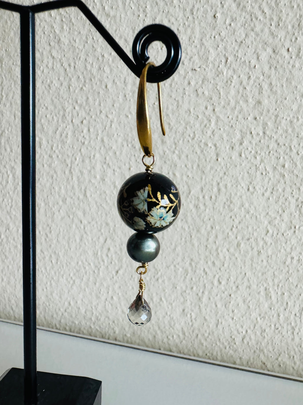Japanese Tensha Bead Earrings, Surgical Stainless Steel Gold  Hooks, Black Pearl Dangle Earrings, Crystal Glass, Handmade Jewellery